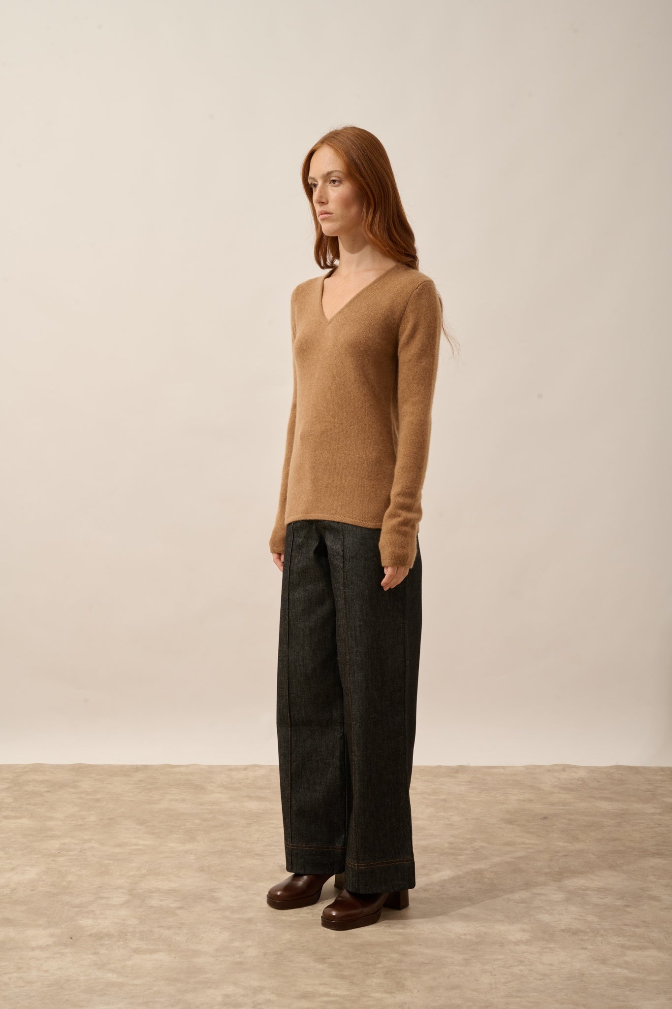 ABBY pull col v 4 fils noisette