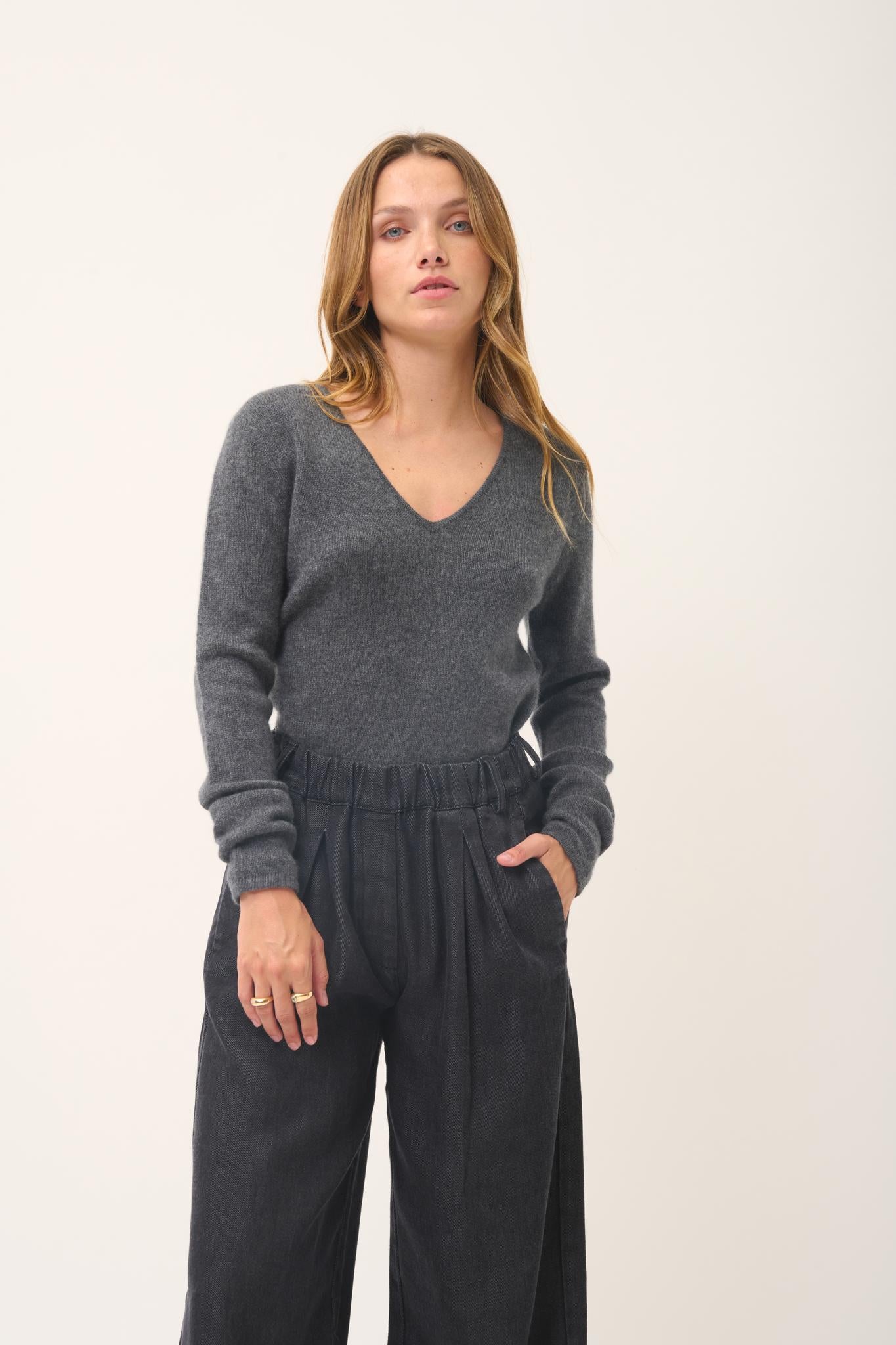 ABBY pull col v anthracite chiné