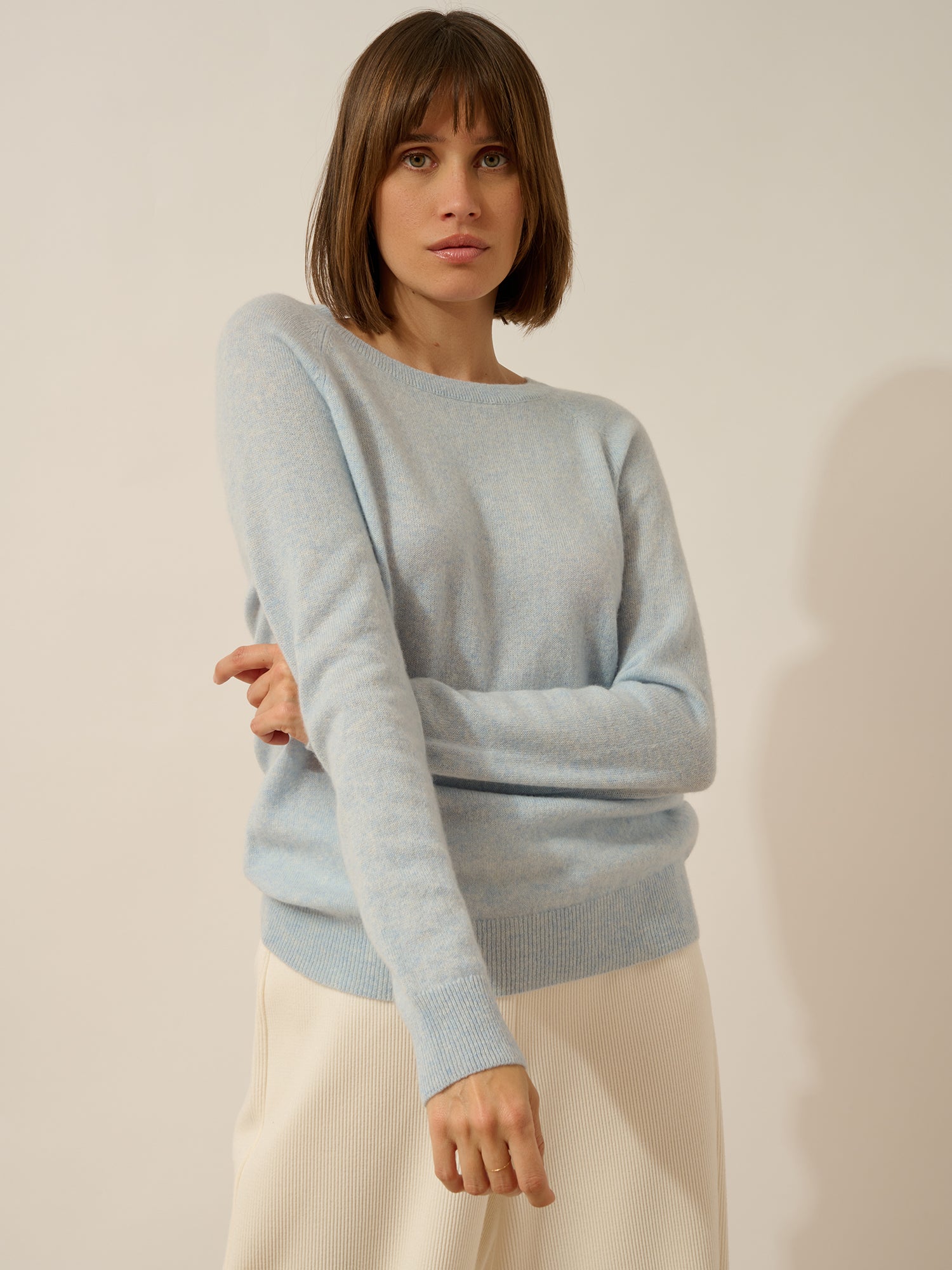 ABIGAIL pull col bateau goutte dos bleu clair chiné