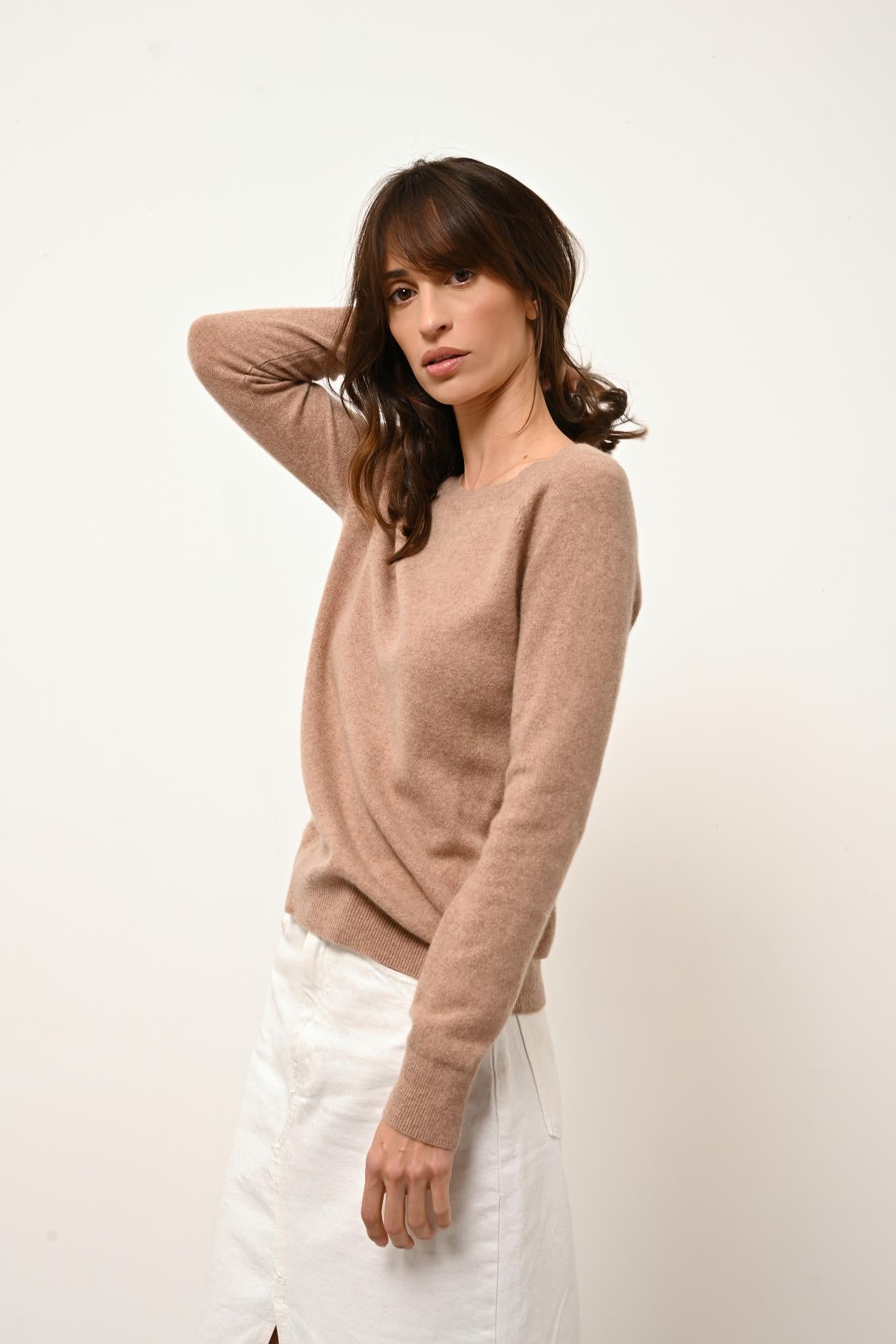 ABIGAIL boat-neck drop-back sweater camel mottled