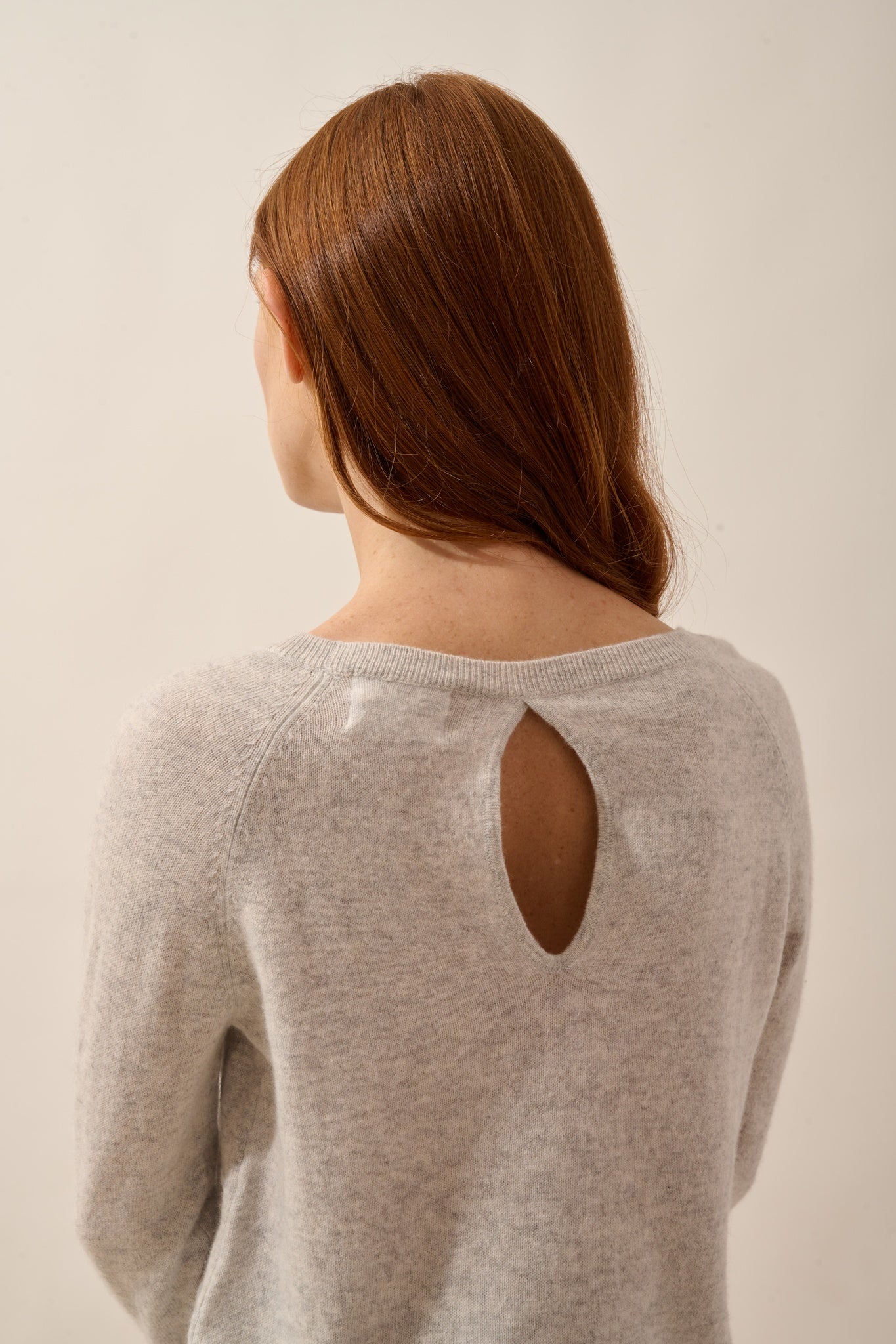 ABIGAIL boat neck sweater with drop back in heathered glacier gray