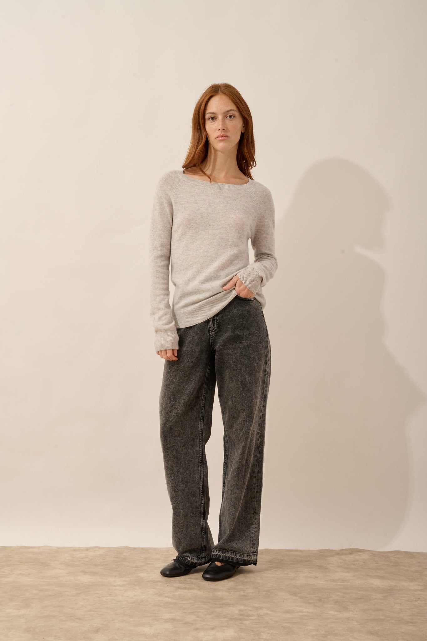 ABIGAIL boat neck sweater with drop back in heathered glacier gray