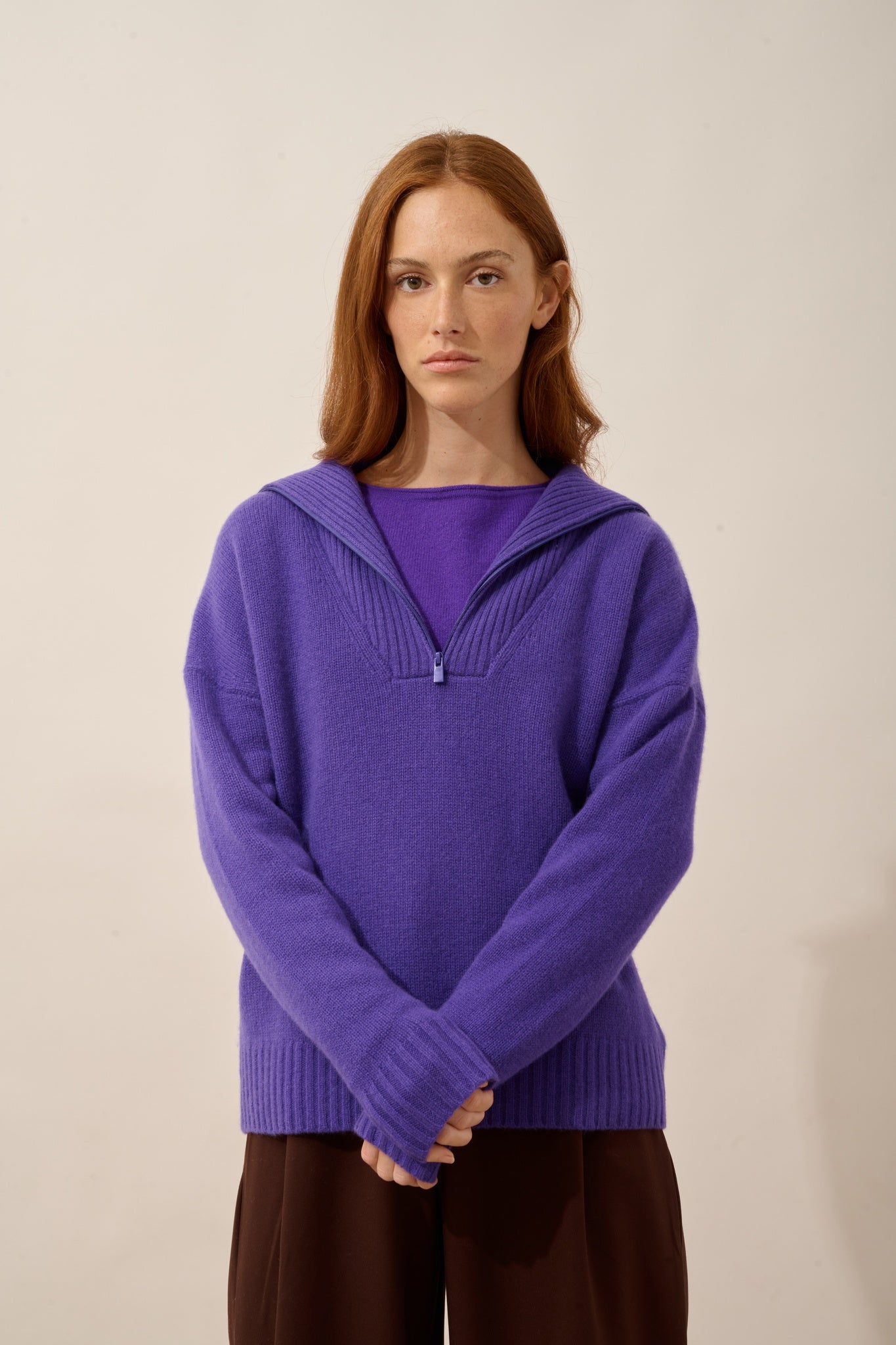 AKAR 6-ply amethyst trucker sweater
