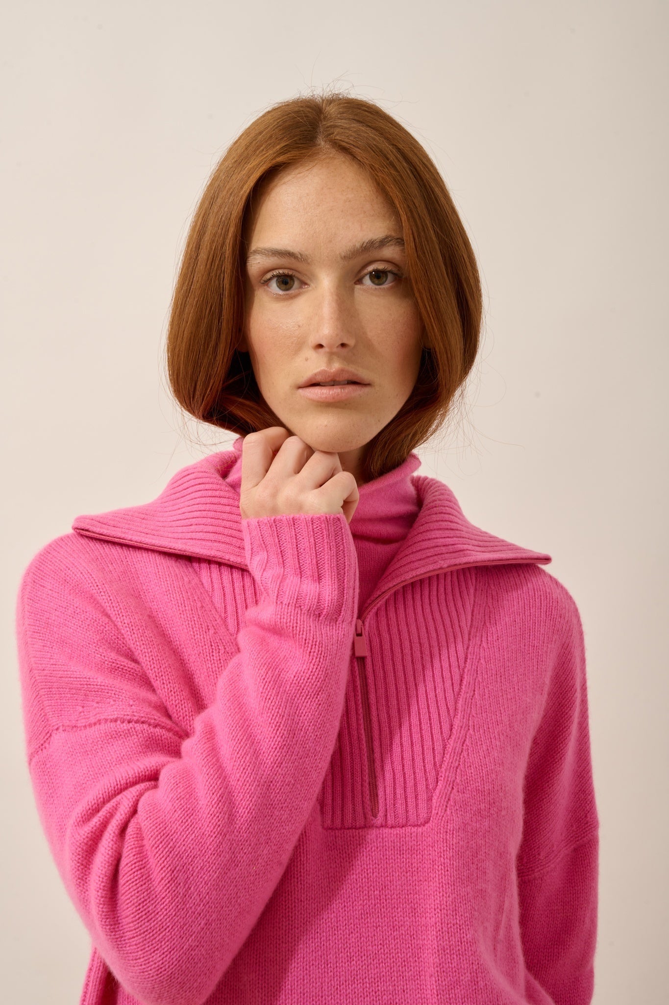 AKAR 6-ply pink trucker sweater