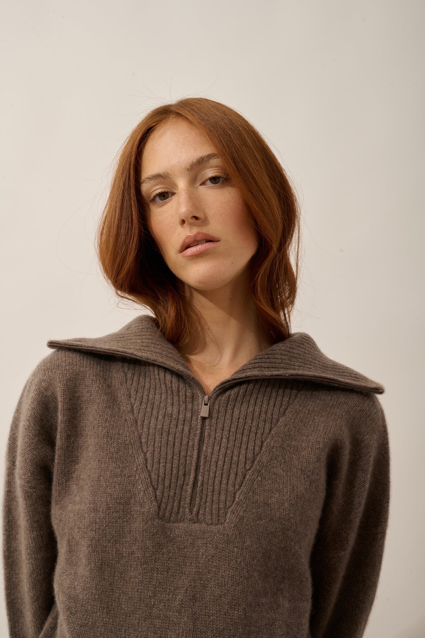 AKAR 6-ply taupe marled trucker sweater