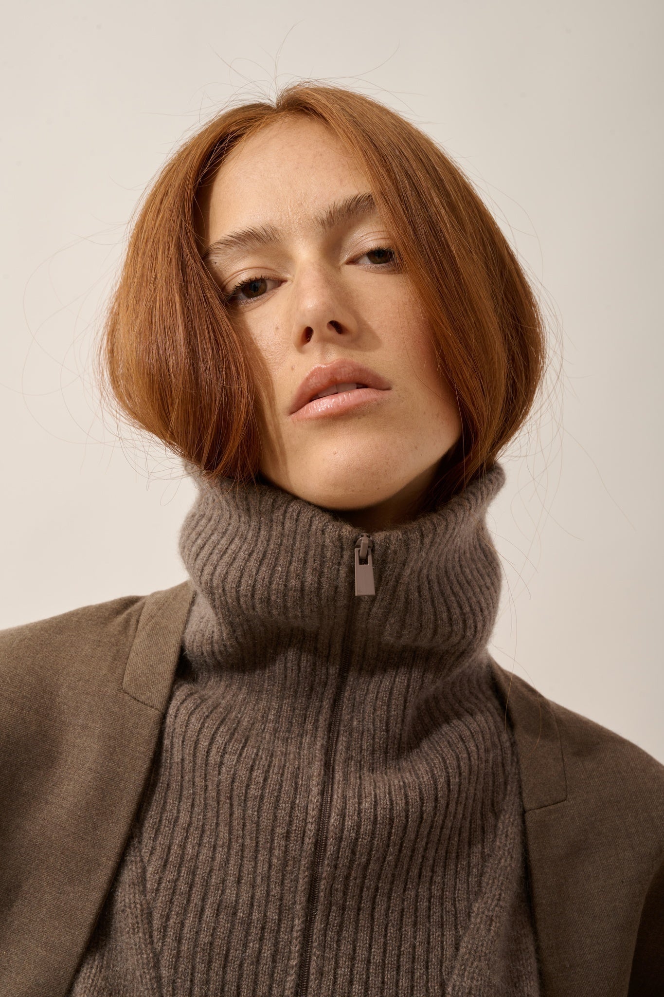 AKAR 6-ply taupe marled trucker sweater