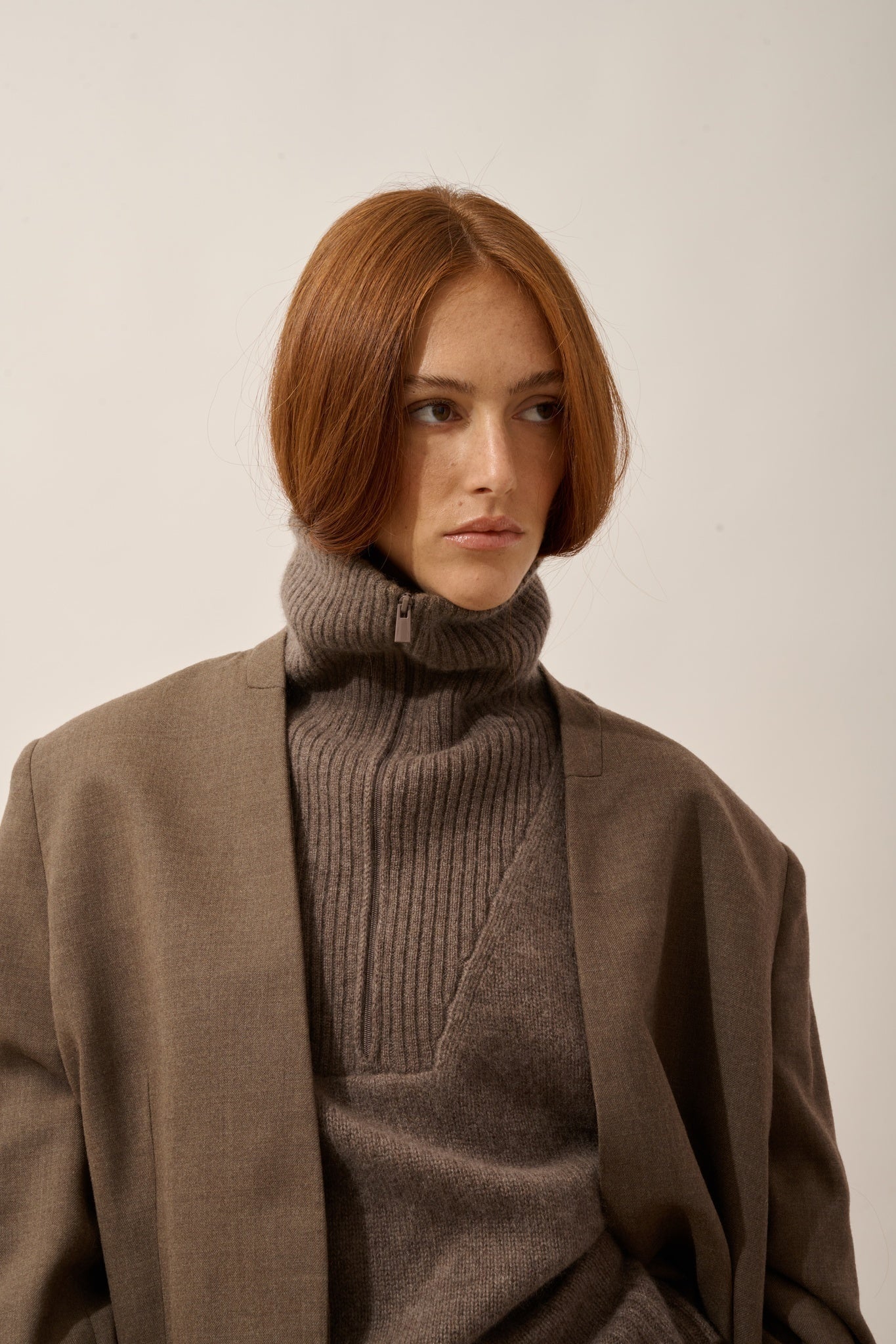 AKAR 6-ply taupe marled trucker sweater