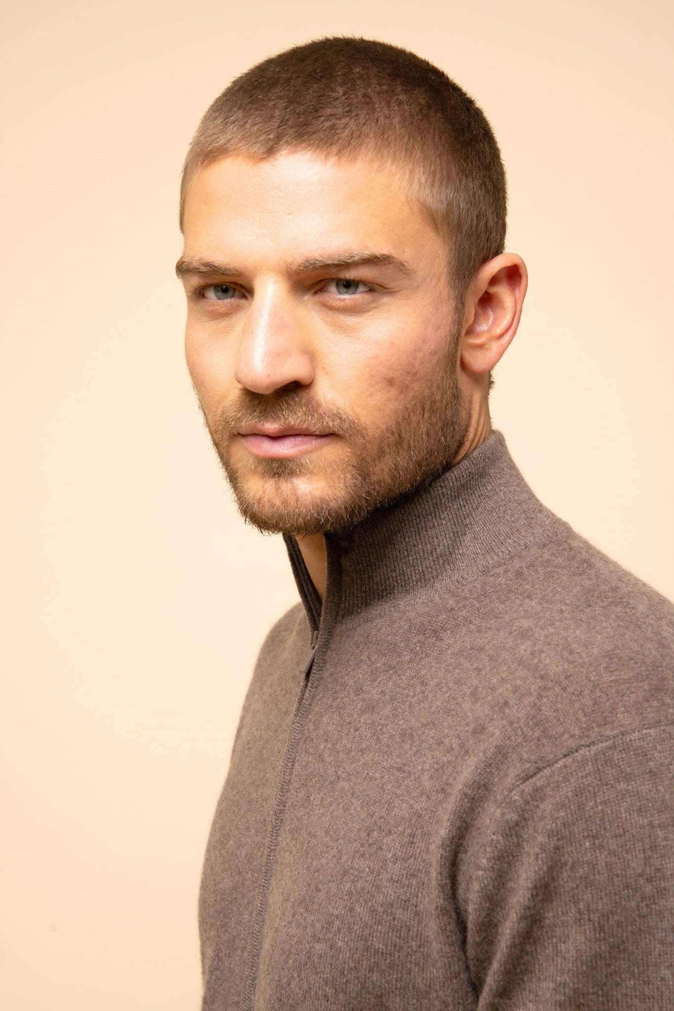 ALAN taupe heathered high-neck cardigan