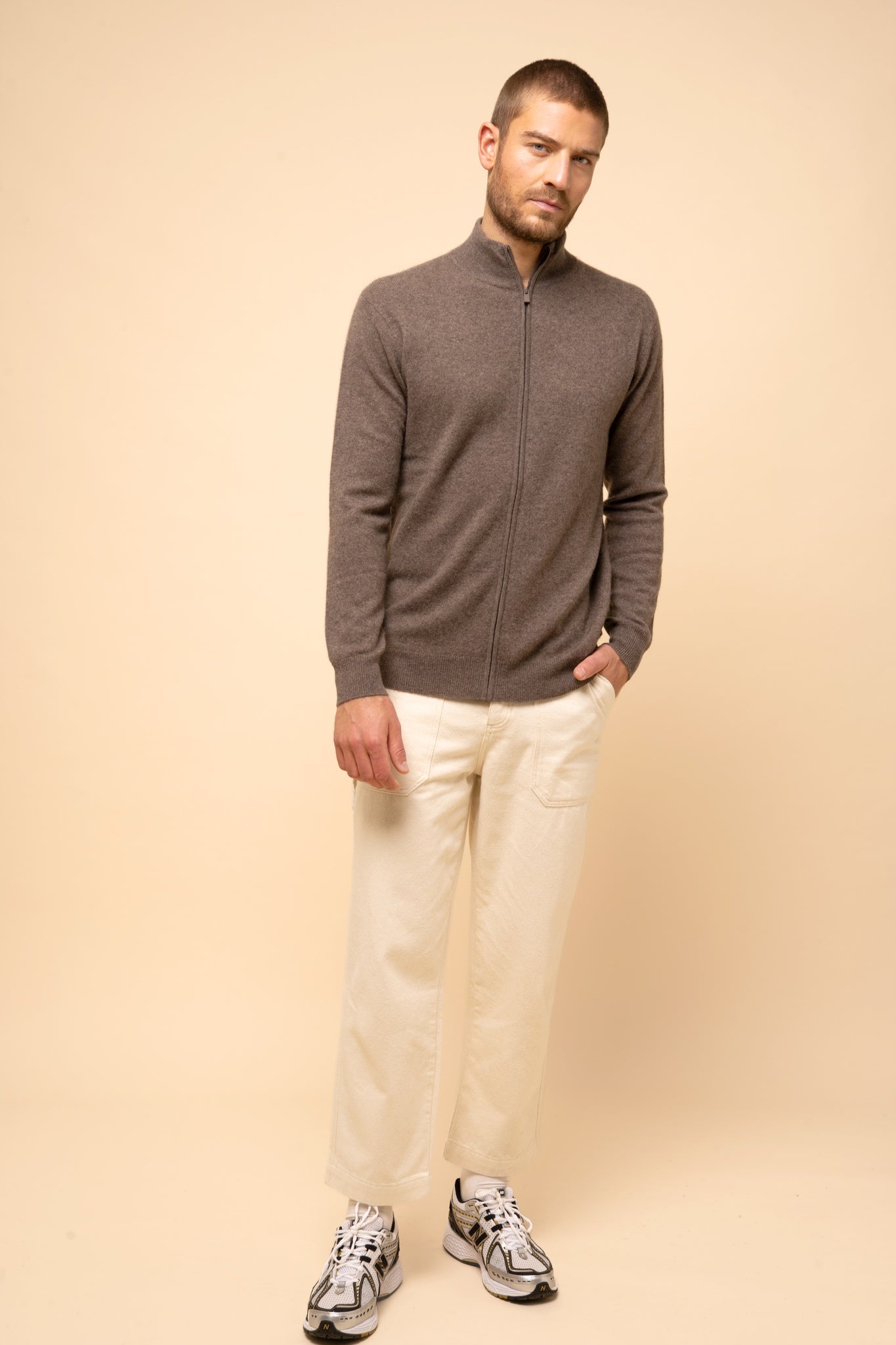 ALAN taupe heathered high-neck cardigan