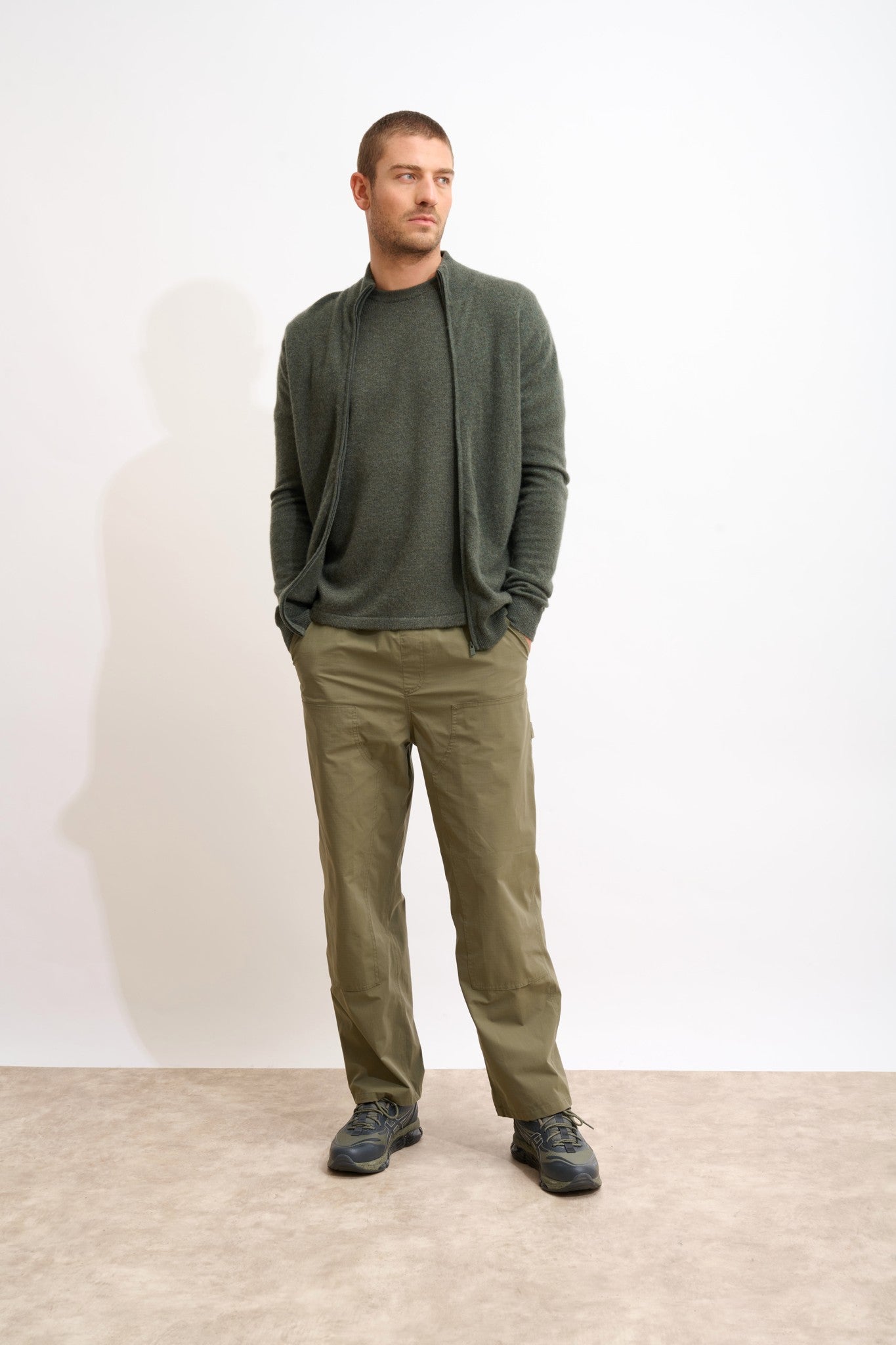 alan gilet zippé col montant kaki chiné 100% cachemire