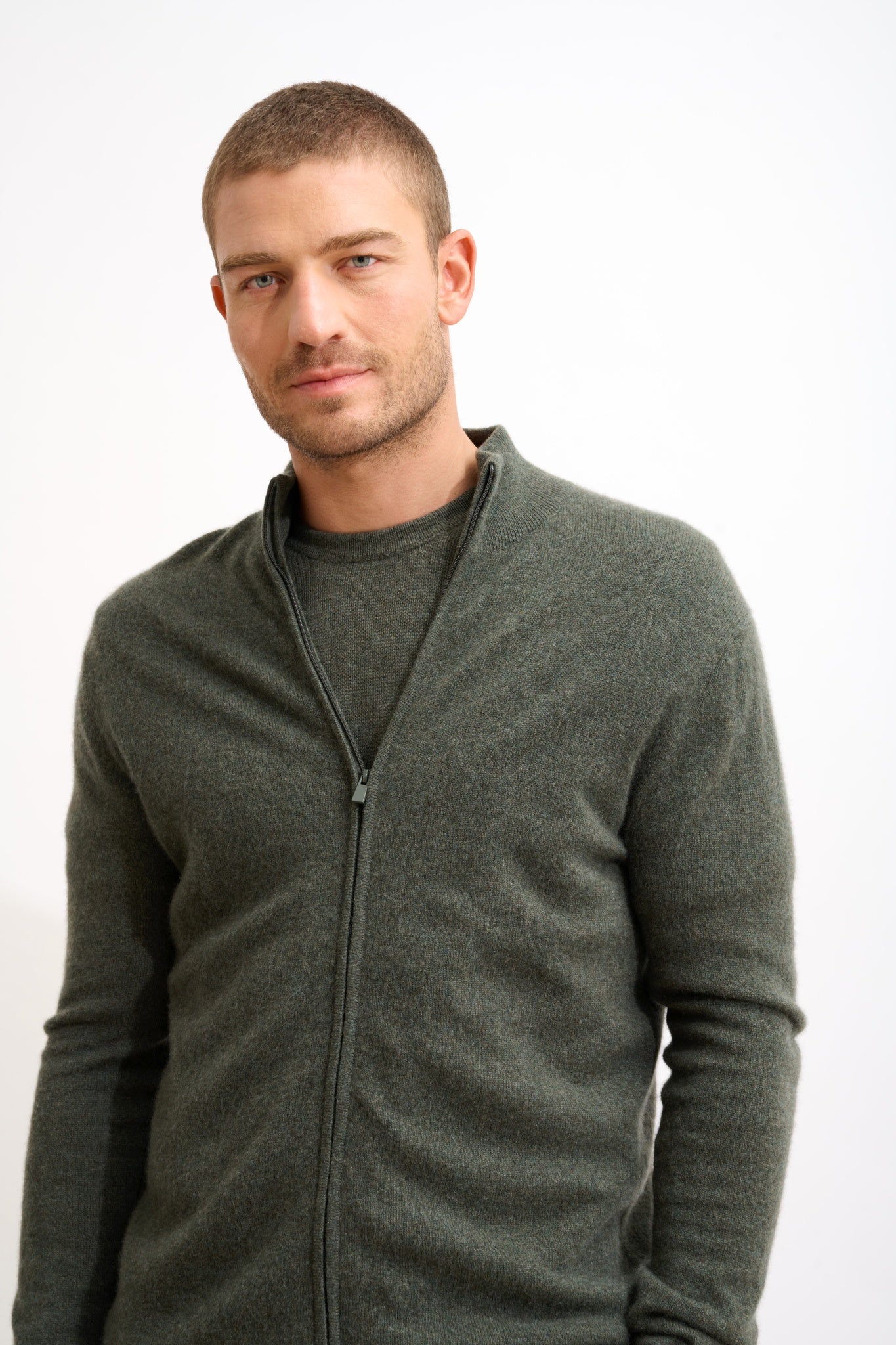 ALAN zip-up cardigan with stand-up collar in khaki heather