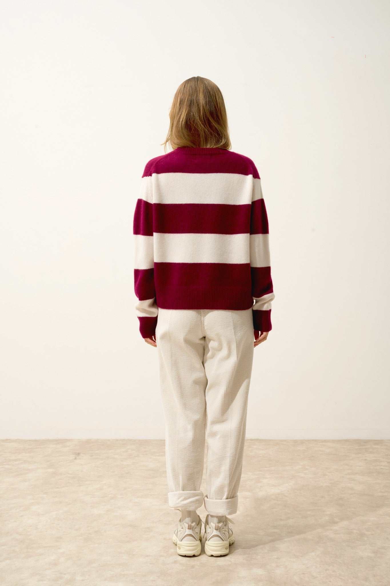 amarante pull col rond 6 fils bi-color bordeaux/ivoire 100% cachemire