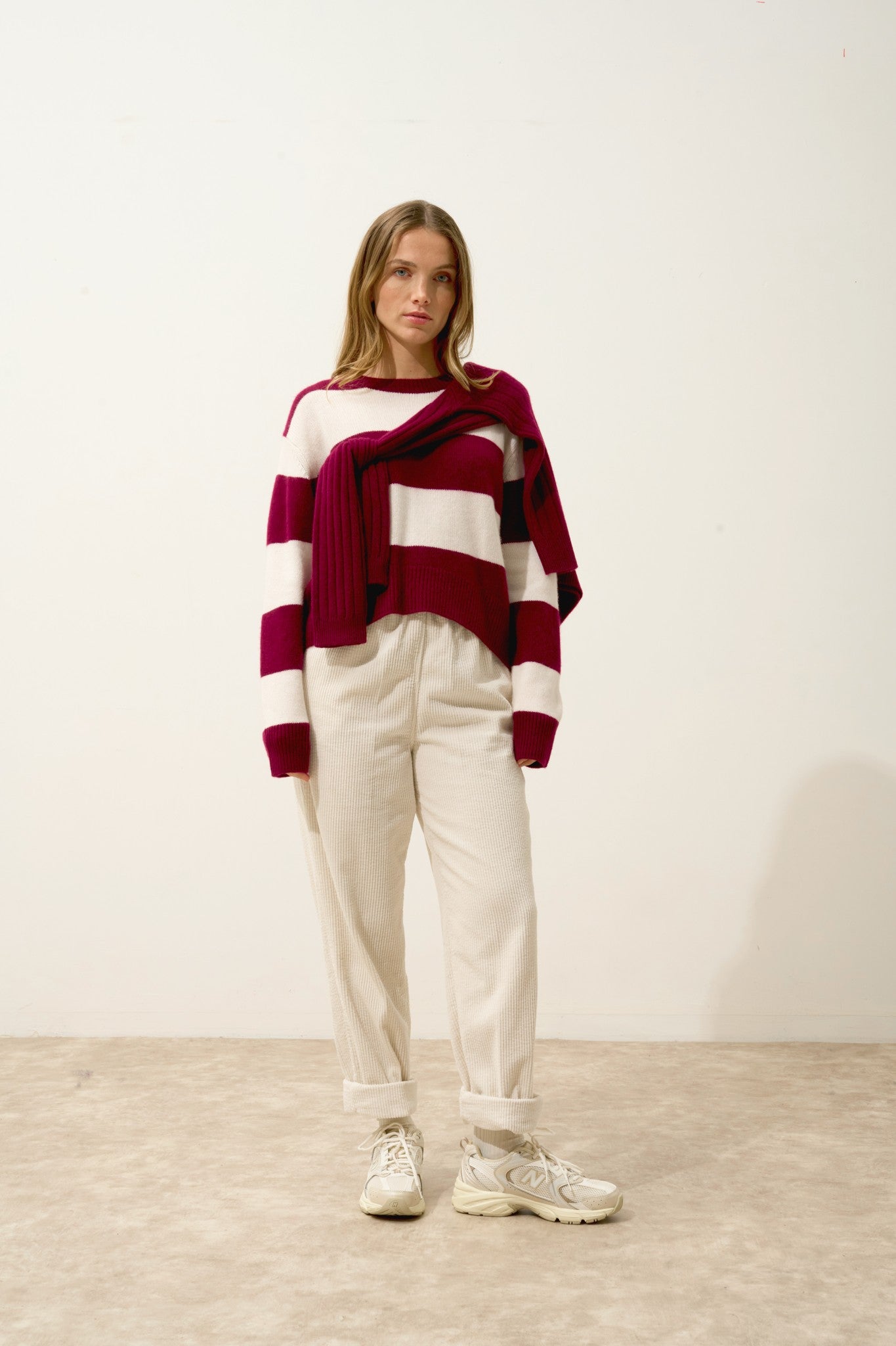 amarante pull col rond 6 fils bi-color bordeaux/ivoire 100% cachemire