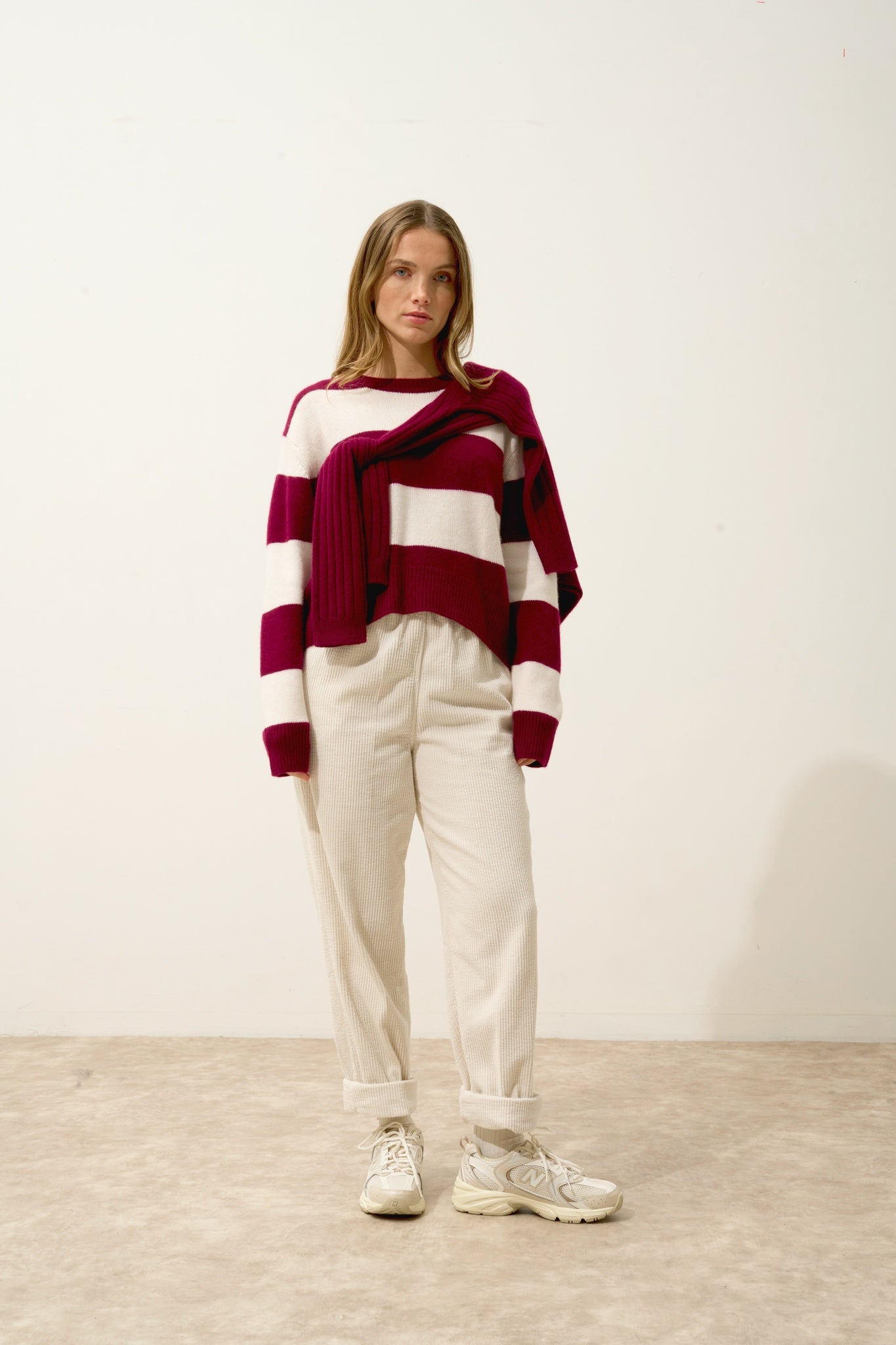 AMARANTE pull col rond 6 fils bi-color bordeaux/ivoire