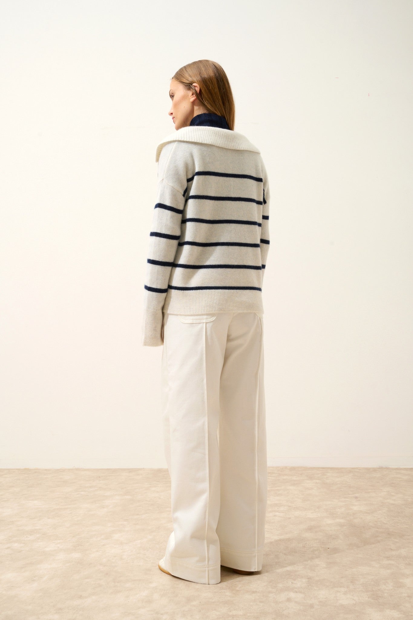 amarisse polo col v croisé 4 fils bi-color navy/blanc chiné 100% cachemire