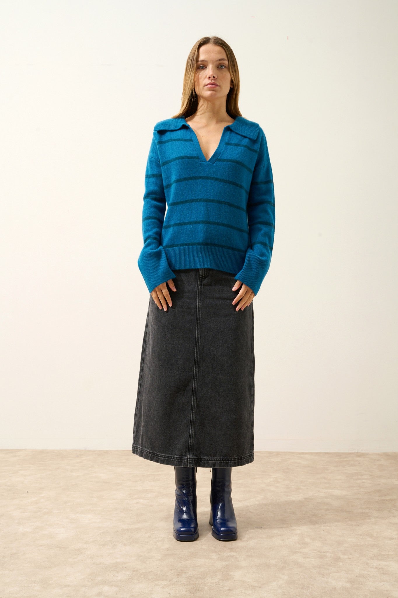 amarisse polo col v croisé 4 fils bi-color paon/vert canard 100% cachemire