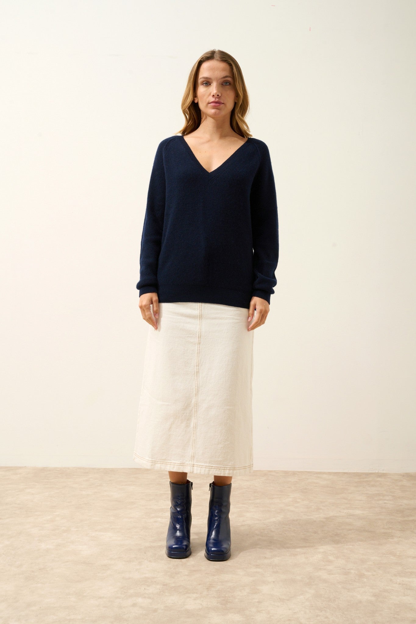 arista pull col v navy 100% cachemire