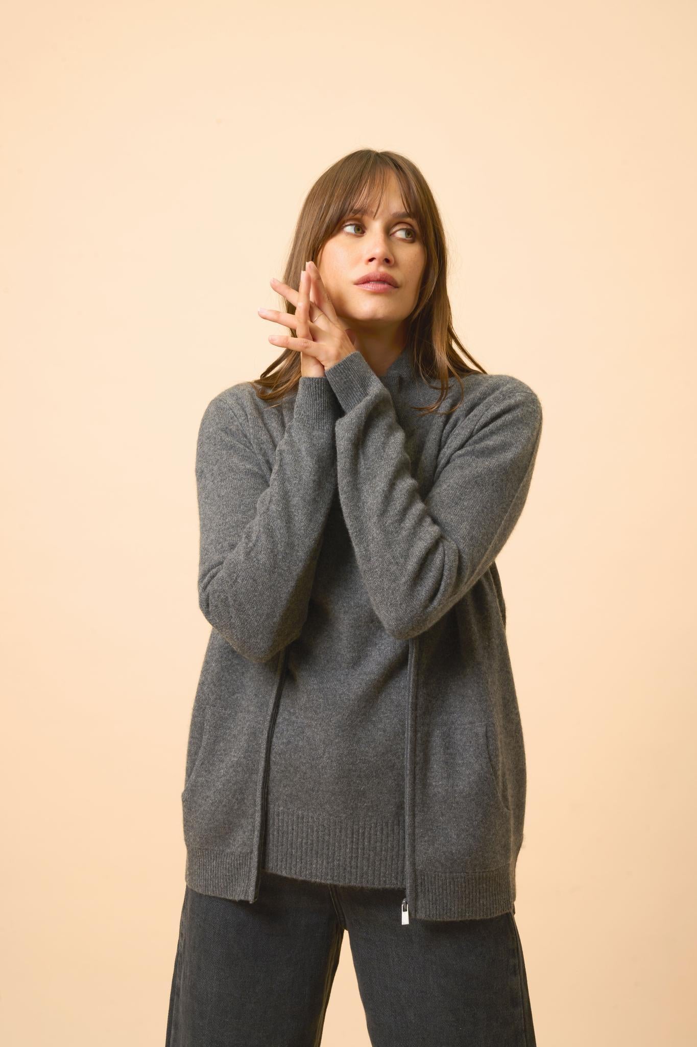 AYR anthracite mottled stand-up collar cardigan