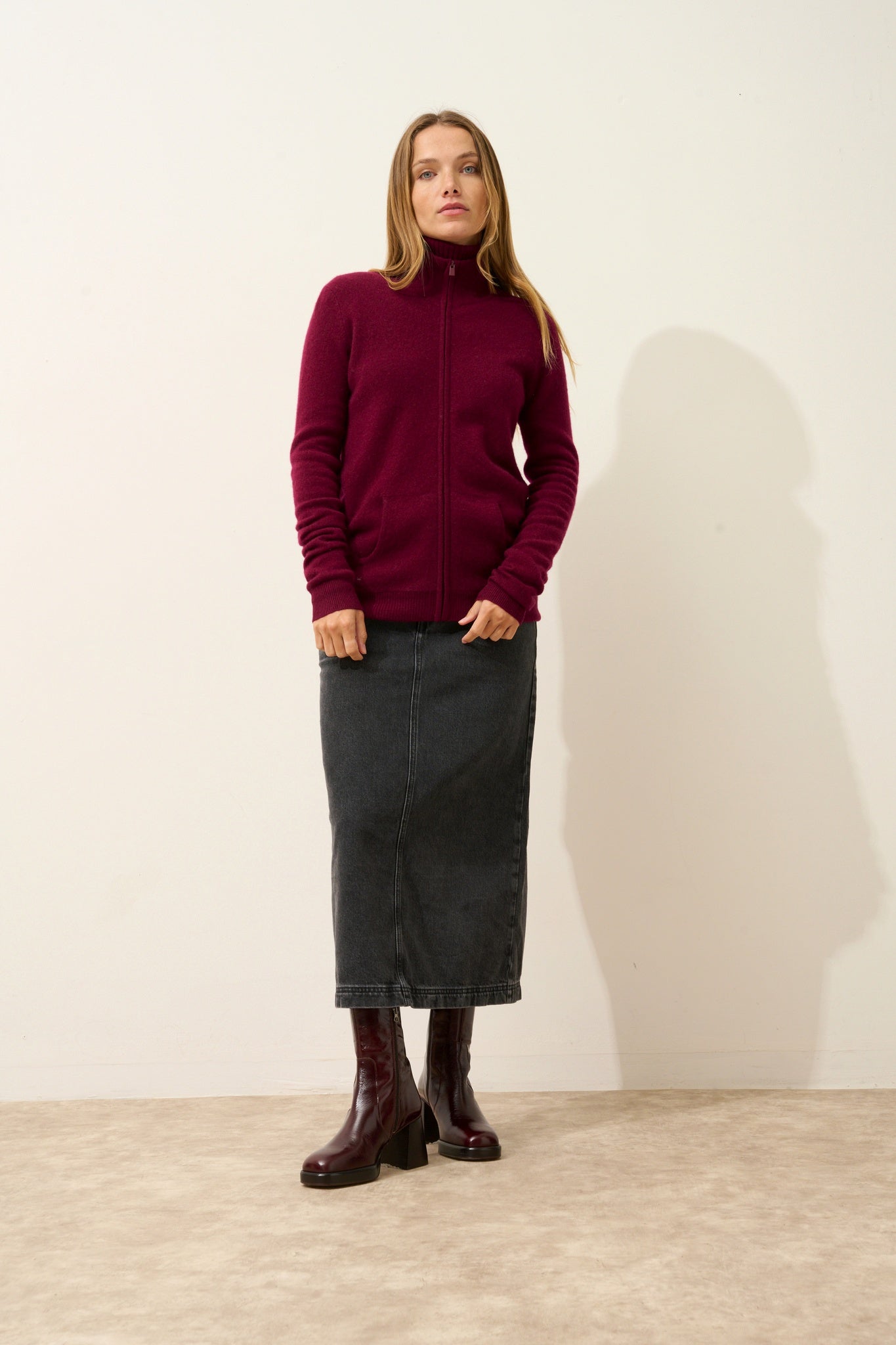 AYR burgundy high-neck cardigan