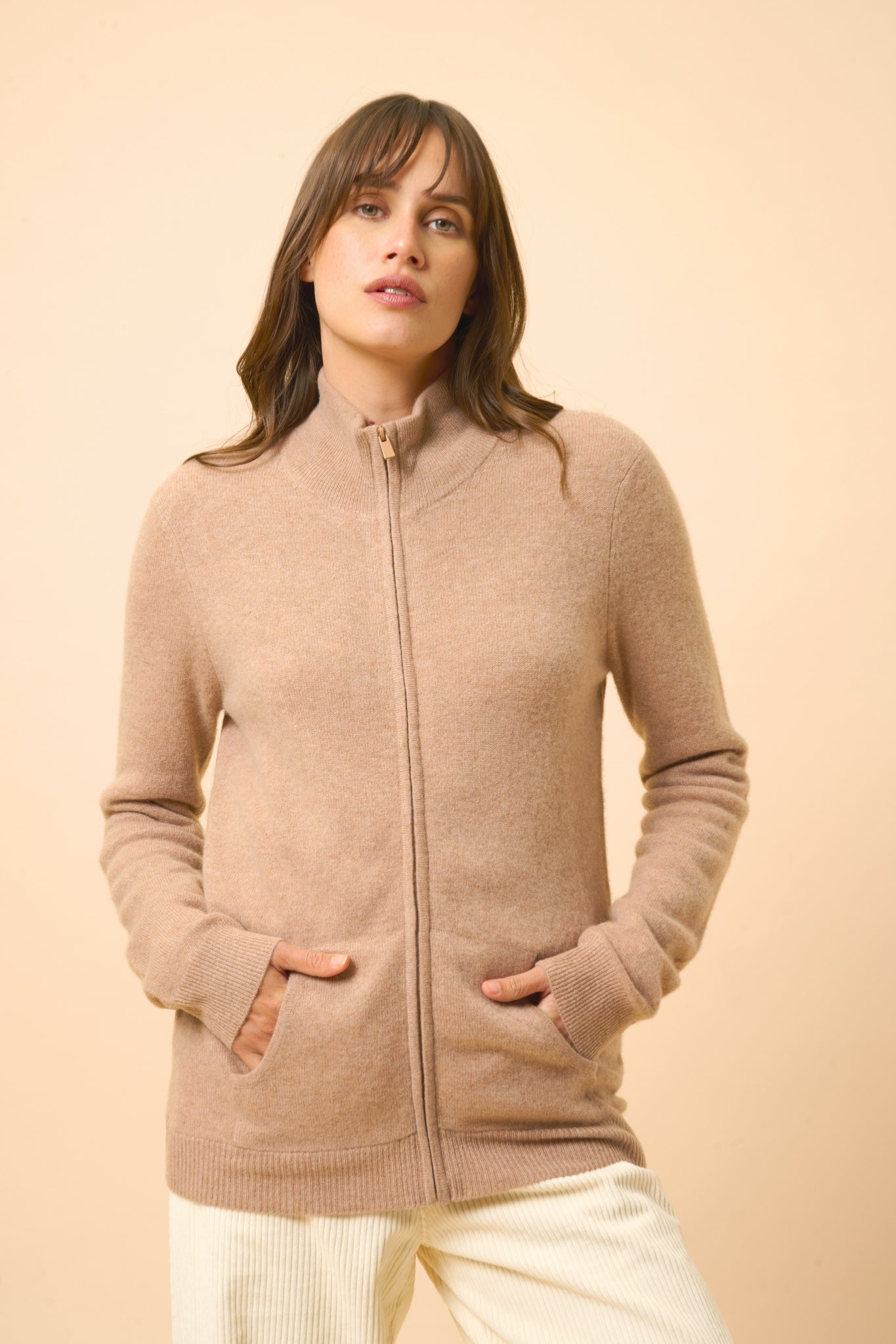 AYR high neck cardigan camel mottled