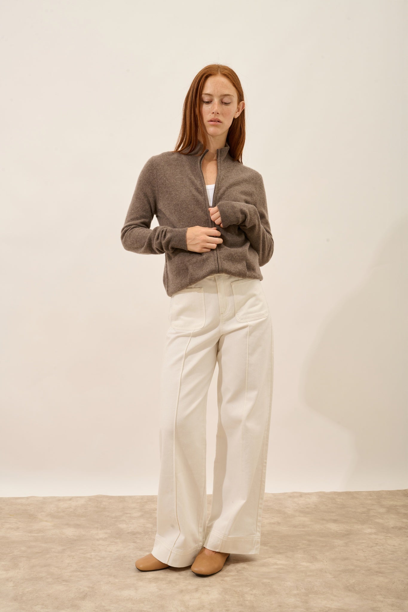 AYR taupe mottled stand-up collar cardigan