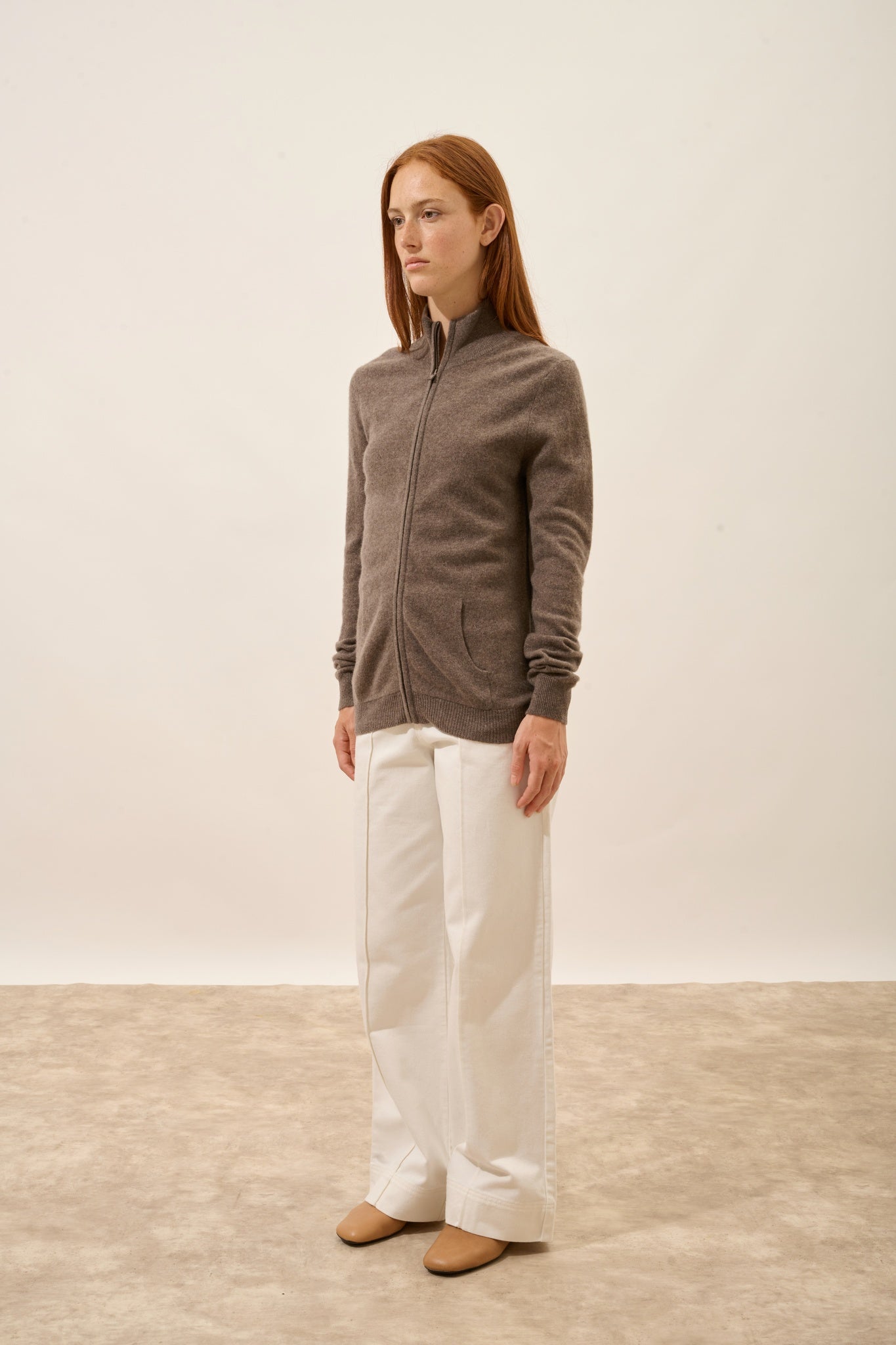 AYR taupe mottled stand-up collar cardigan