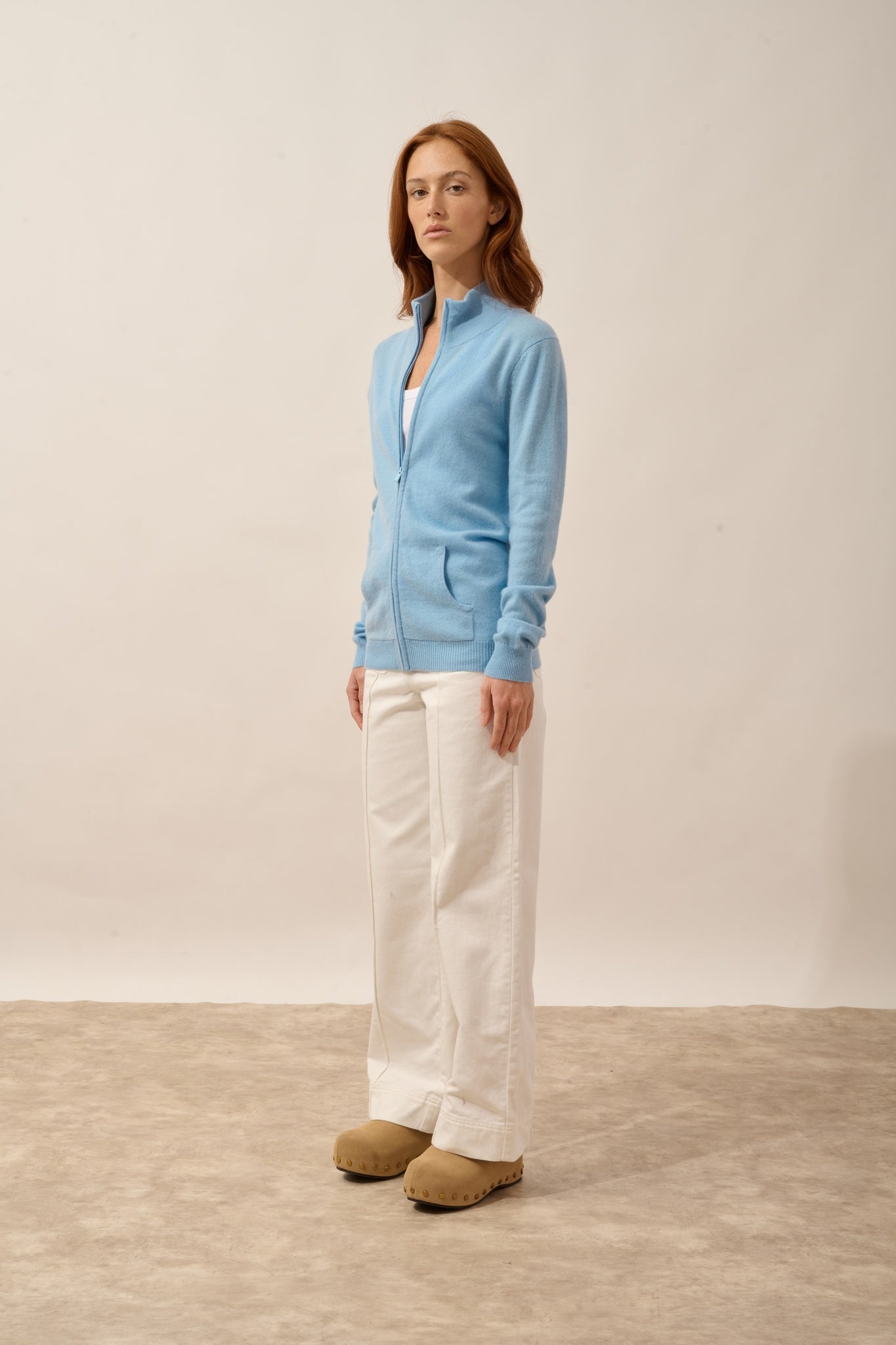 AYR Inca Blue Zip-Up Cardigan with Stand-Up Collar