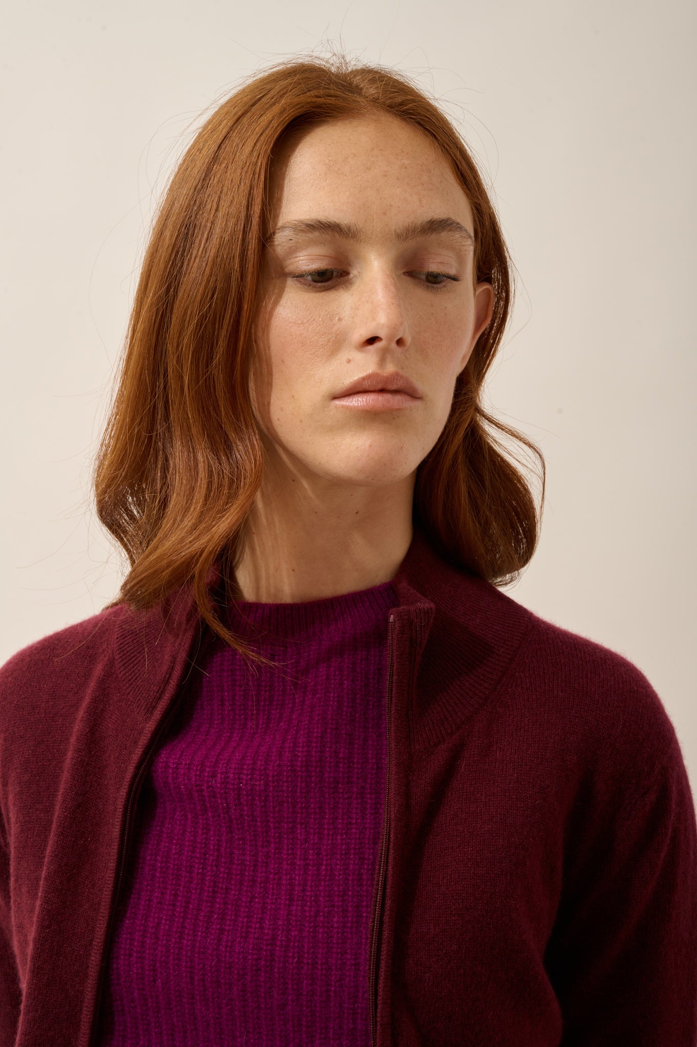 AYR zip-up cardigan with high collar in blackberry