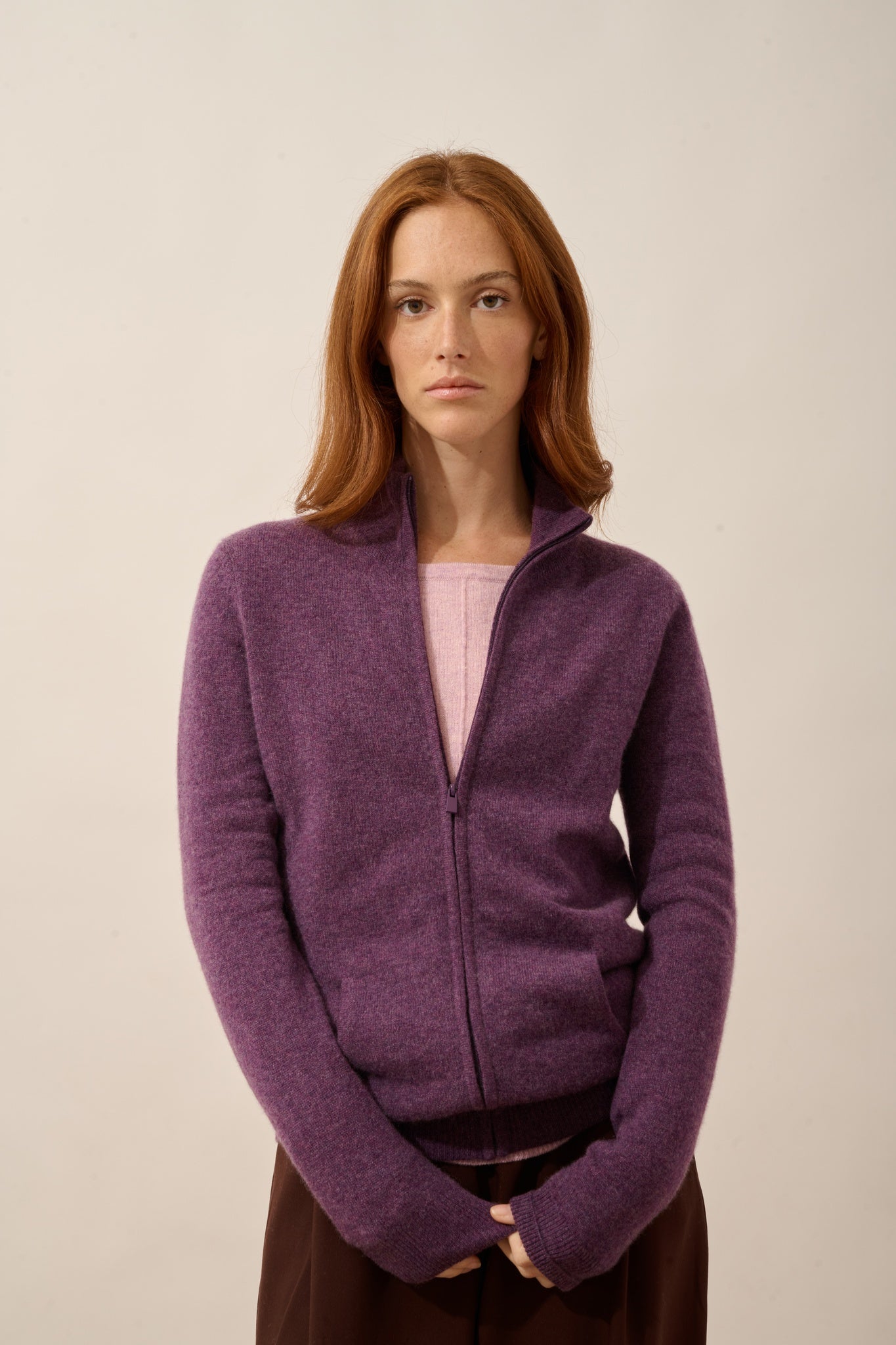 ayr purple heathered zip-up cardigan with stand-up collar