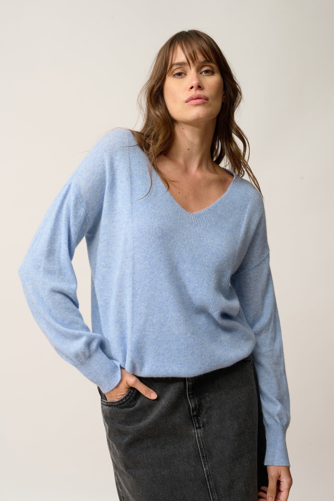BIRSE sky blue heathered V-neck sweater
