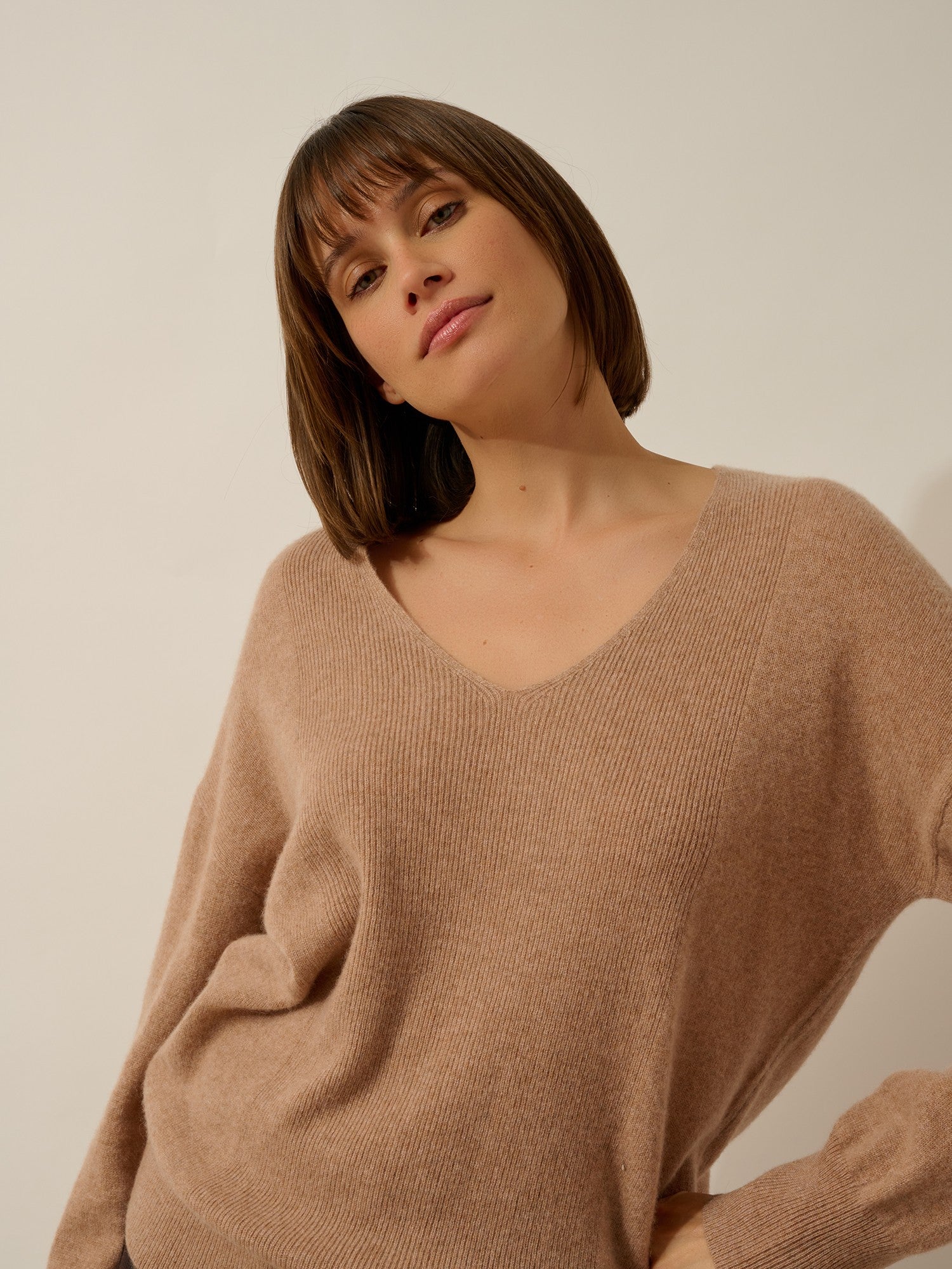 birse camel heathered V-neck sweater