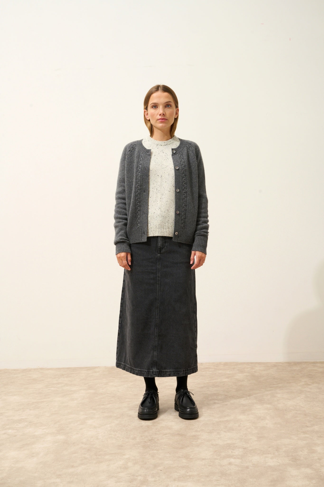 CALISTA cardigan col rond 4 fils anthracite chiné