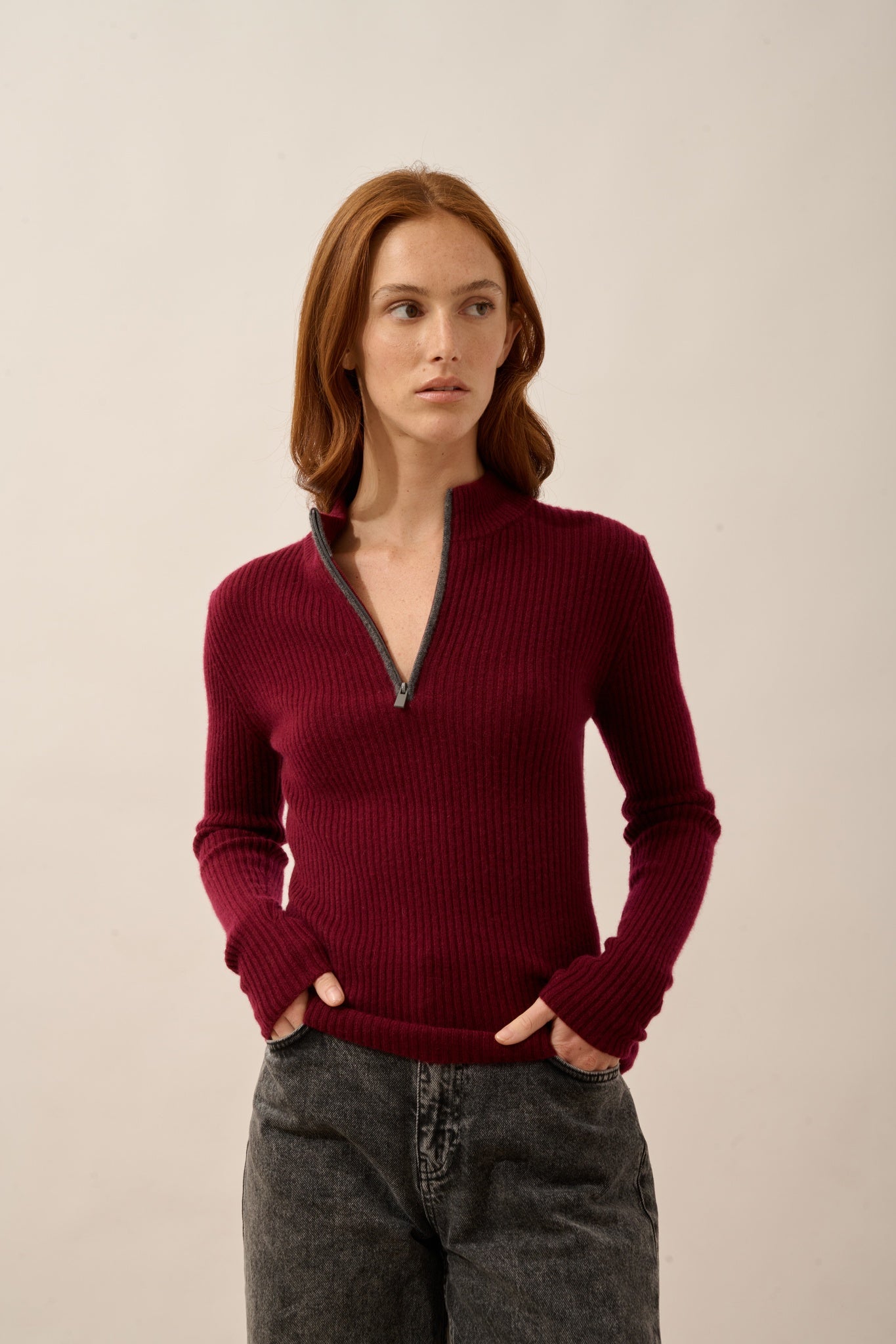 CASSILDA two-tone burgundy/charcoal gray marled trucker sweater
