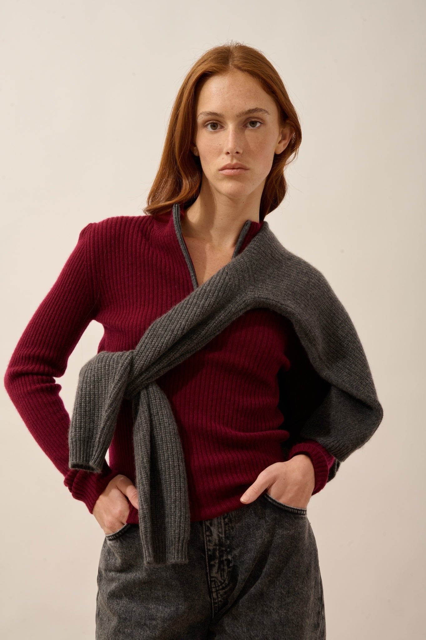 CASSILDA pull camionneur bi-color bordeaux/anthracite chiné