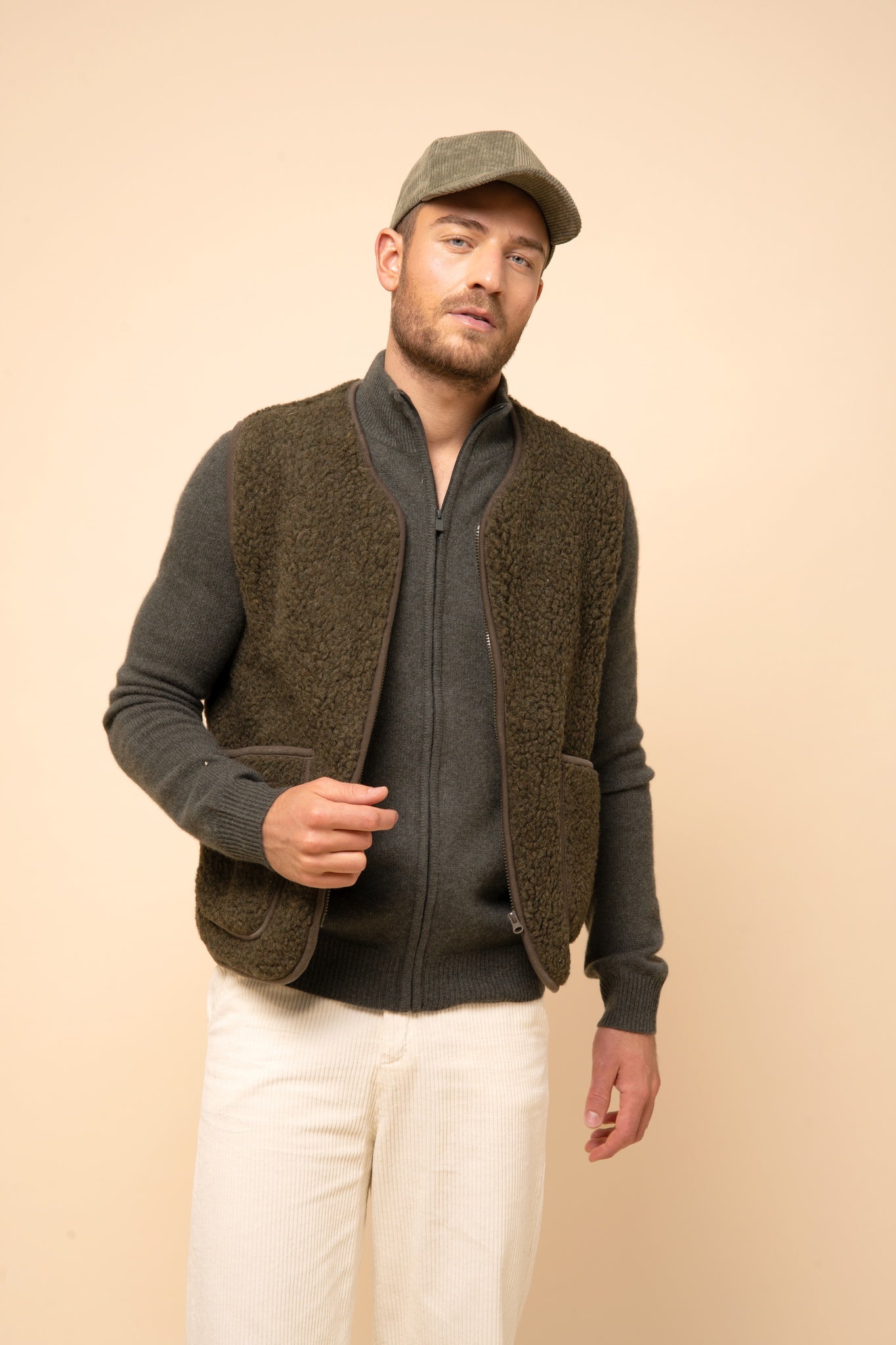 CHARLOTTE gilet col camionneur kaki chiné