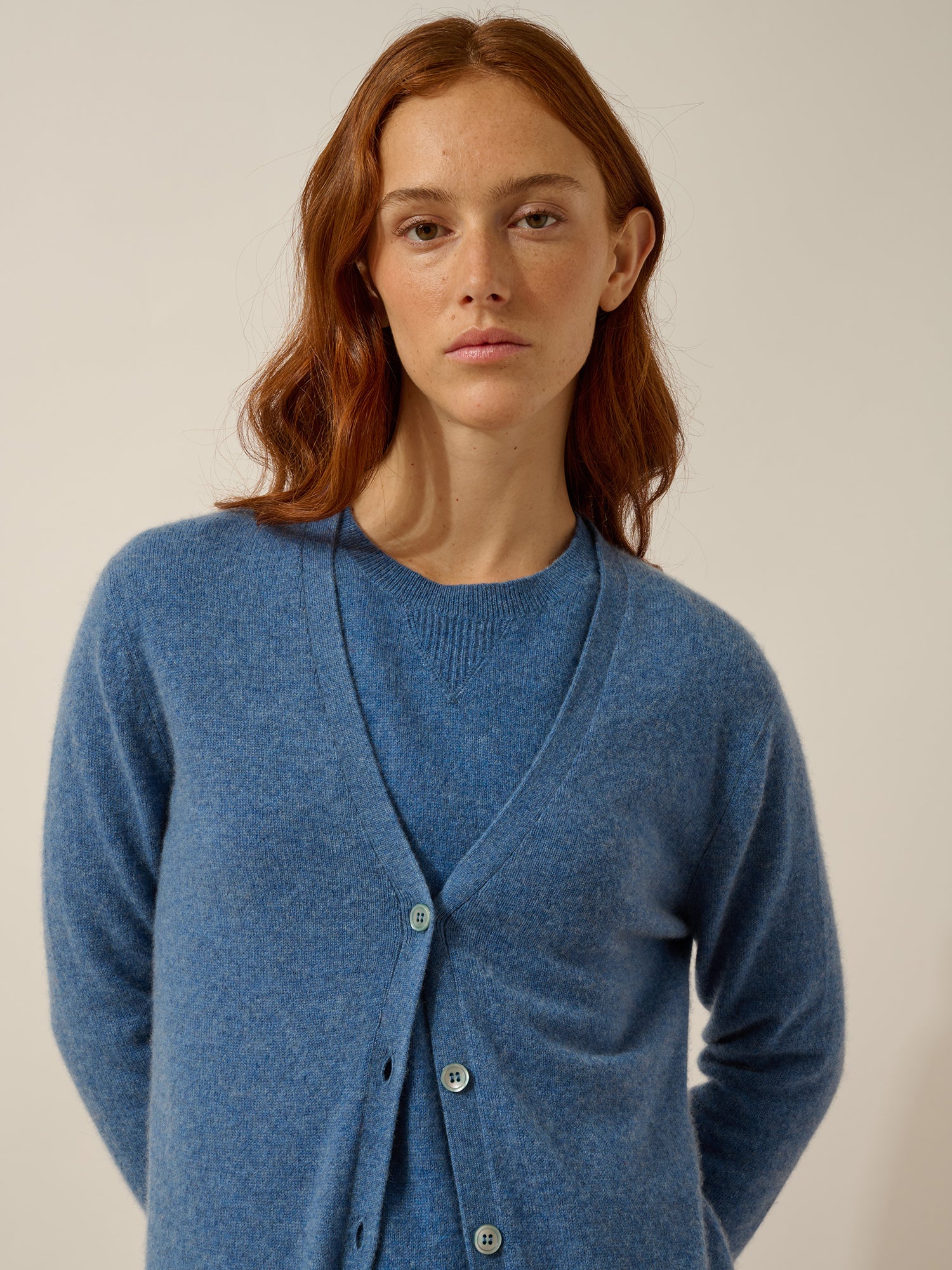 CHELSEA denim blue V-neck cardigan