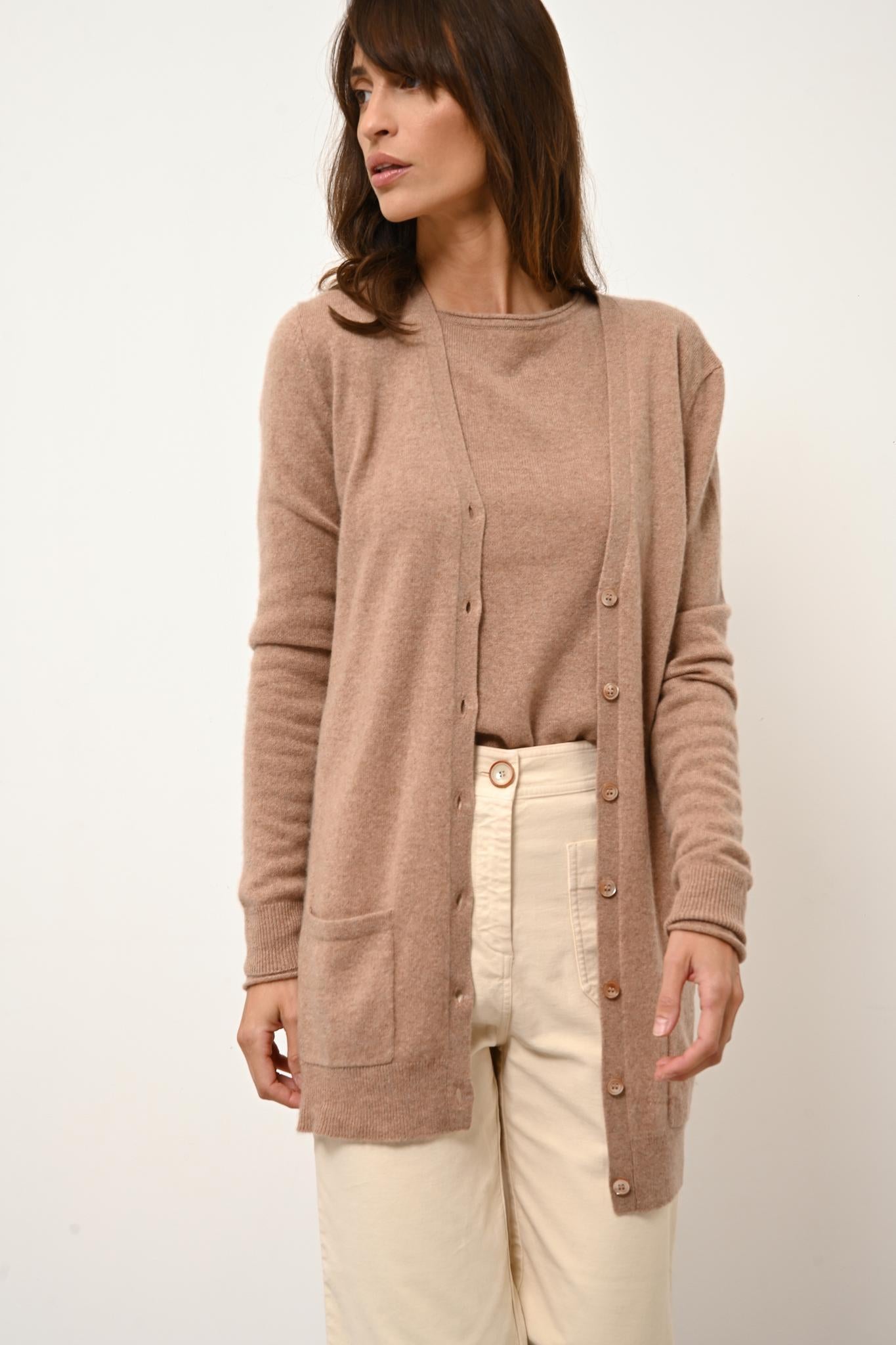 CHELSEA cardigan col v camel chiné