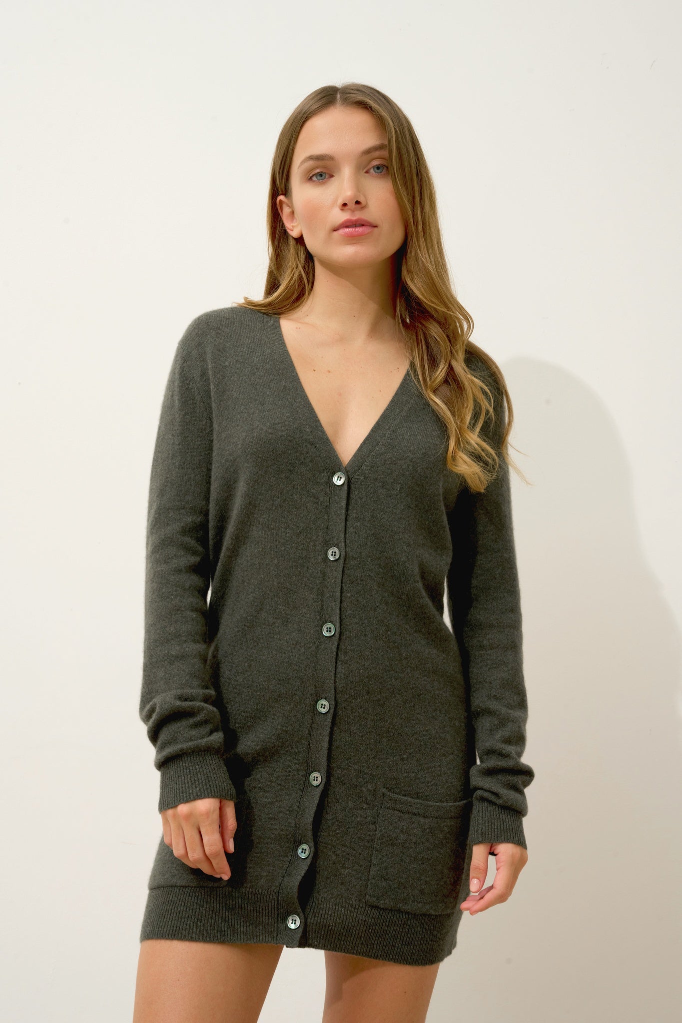 CHELSEA cardigan col v kaki chiné