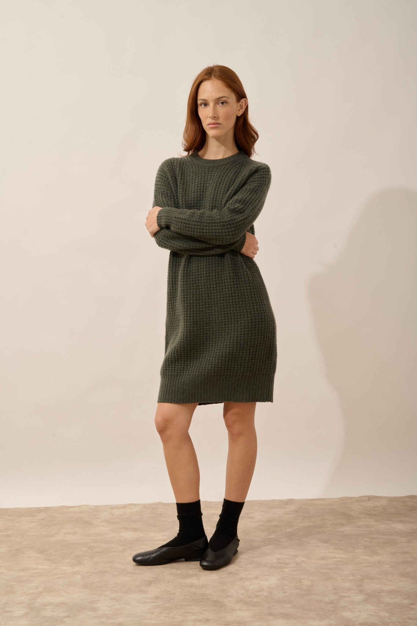 chewa robe col rond 8 fils kaki chiné