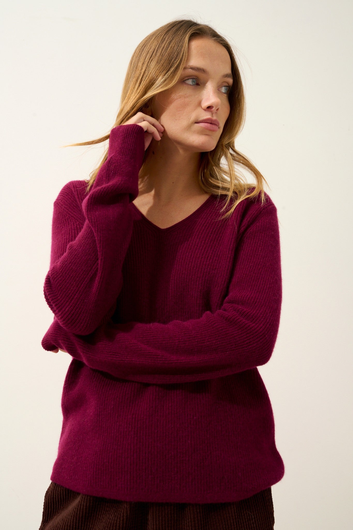 cielora pull col v bordeaux 100% cachemire