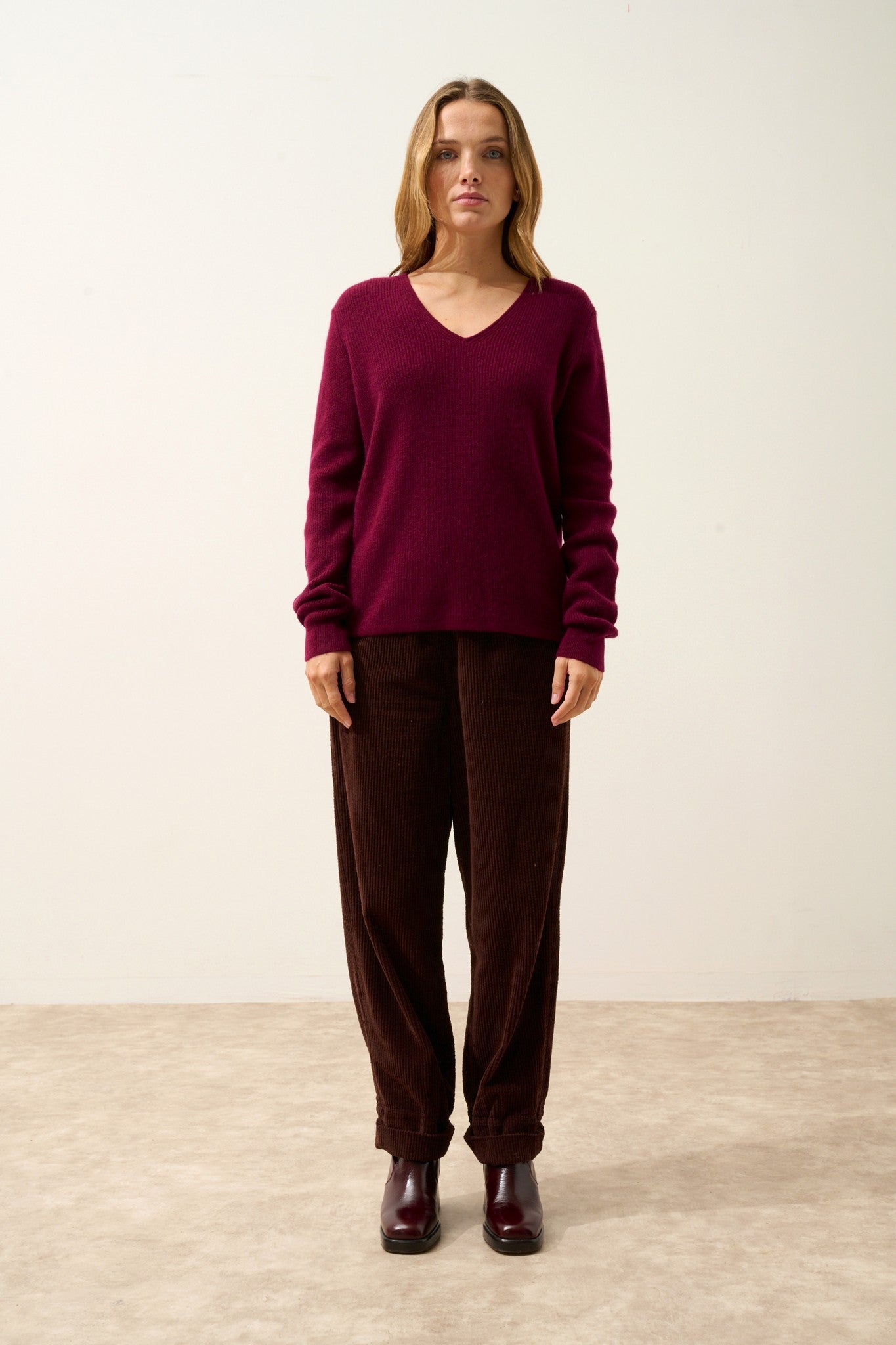 cielora pull col v bordeaux 100% cachemire