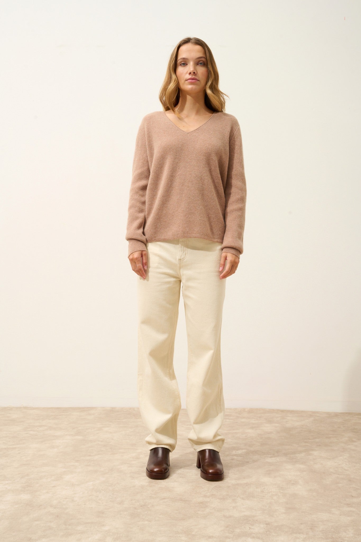 cielora pull col v camel chiné 100% cachemire