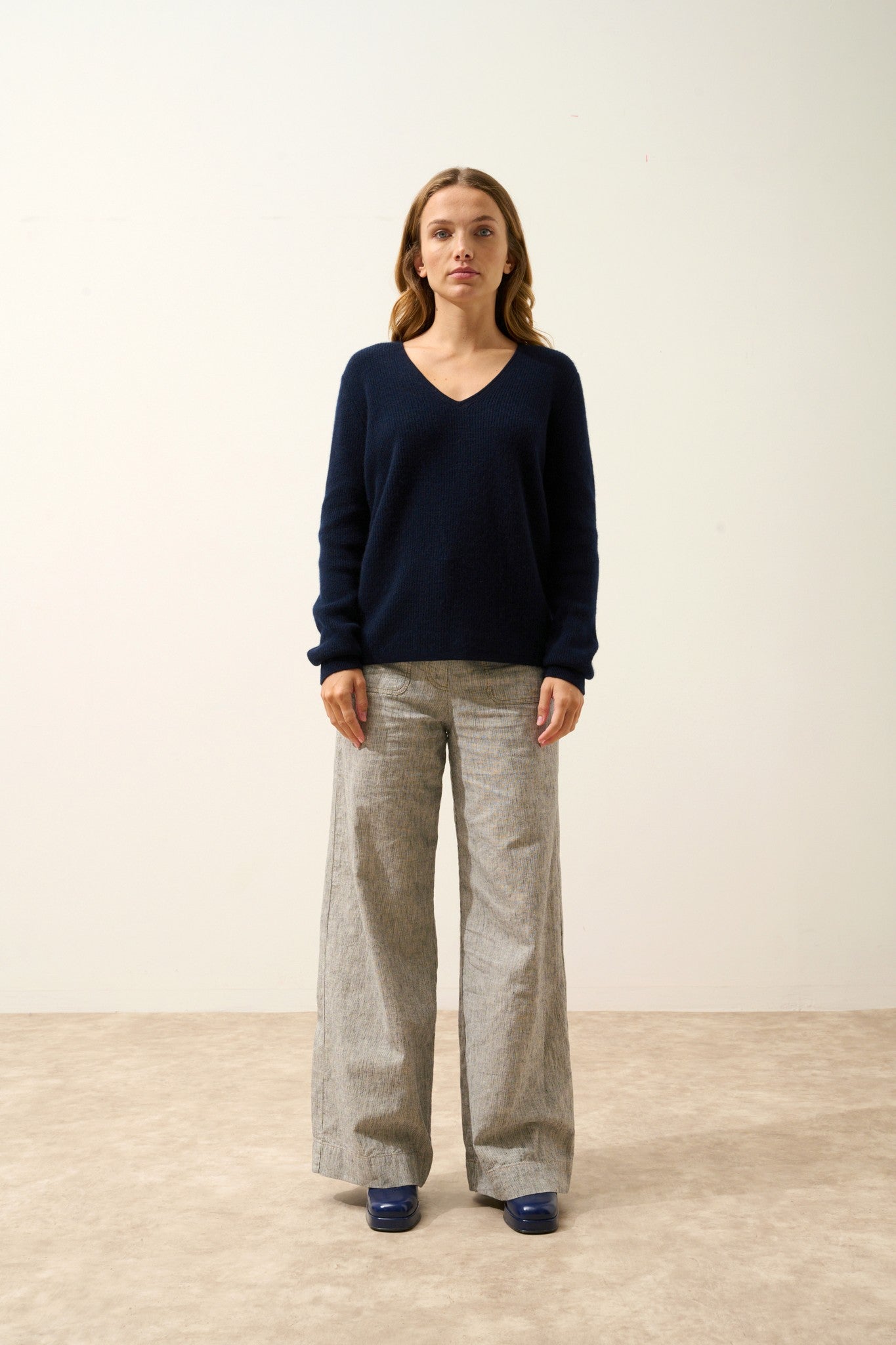 cielora pull col v navy 100% cachemire