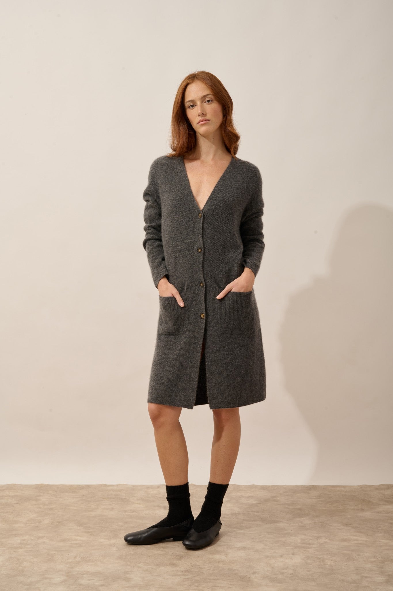 dache cardigan long col v anthracite chiné