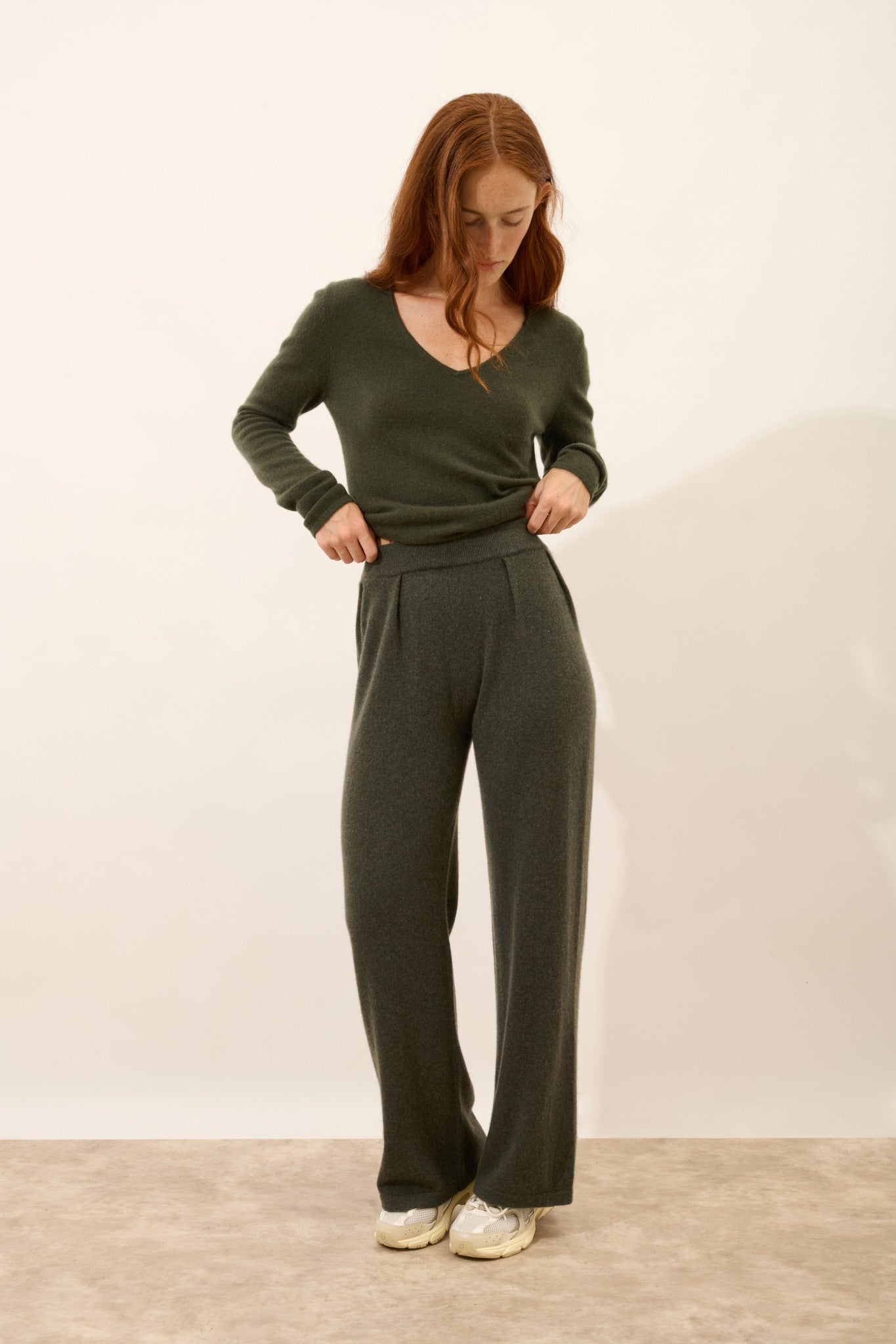 daphne pantalon large kaki chiné 100% cachemire