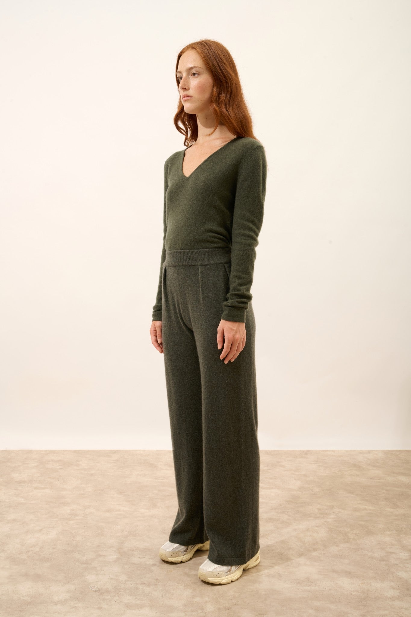 daphne pantalon large kaki chiné 100% cachemire