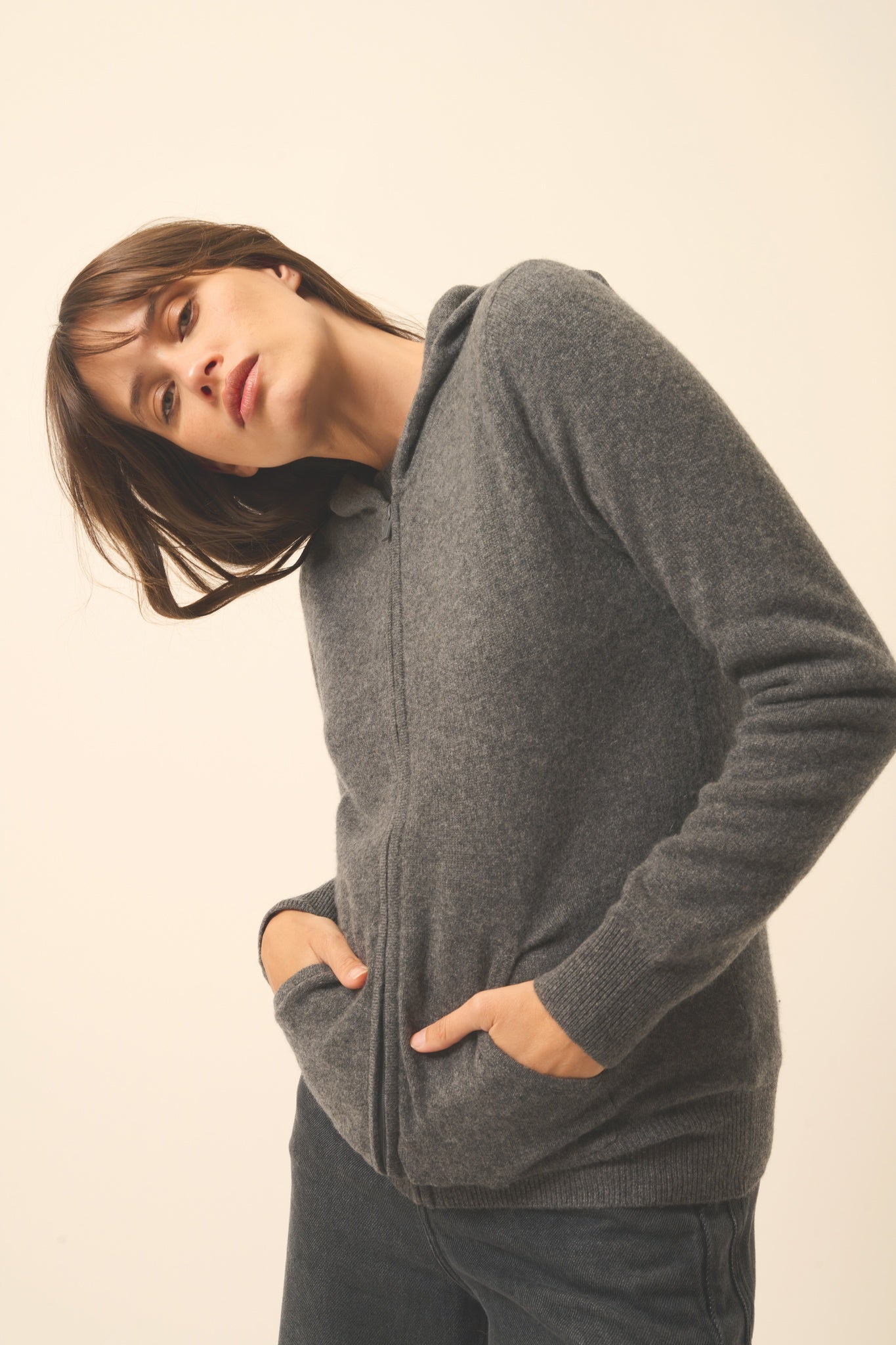 DEBBIE hooded zip-neck cardigan anthracite mottled