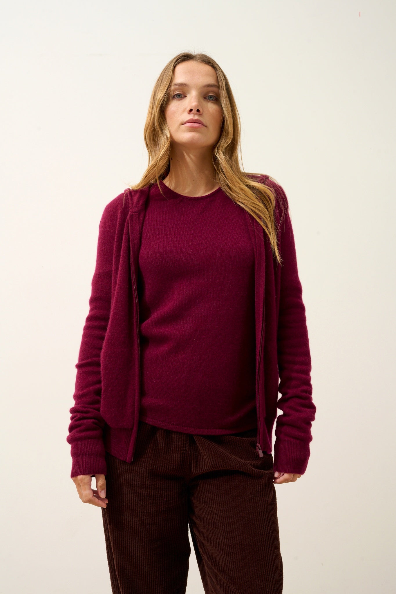 DEBBIE burgundy hooded zip-neck cardigan