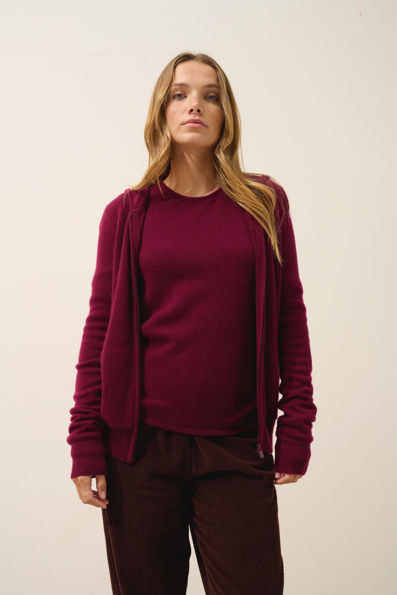 DEBBIE burgundy hooded zip-neck cardigan