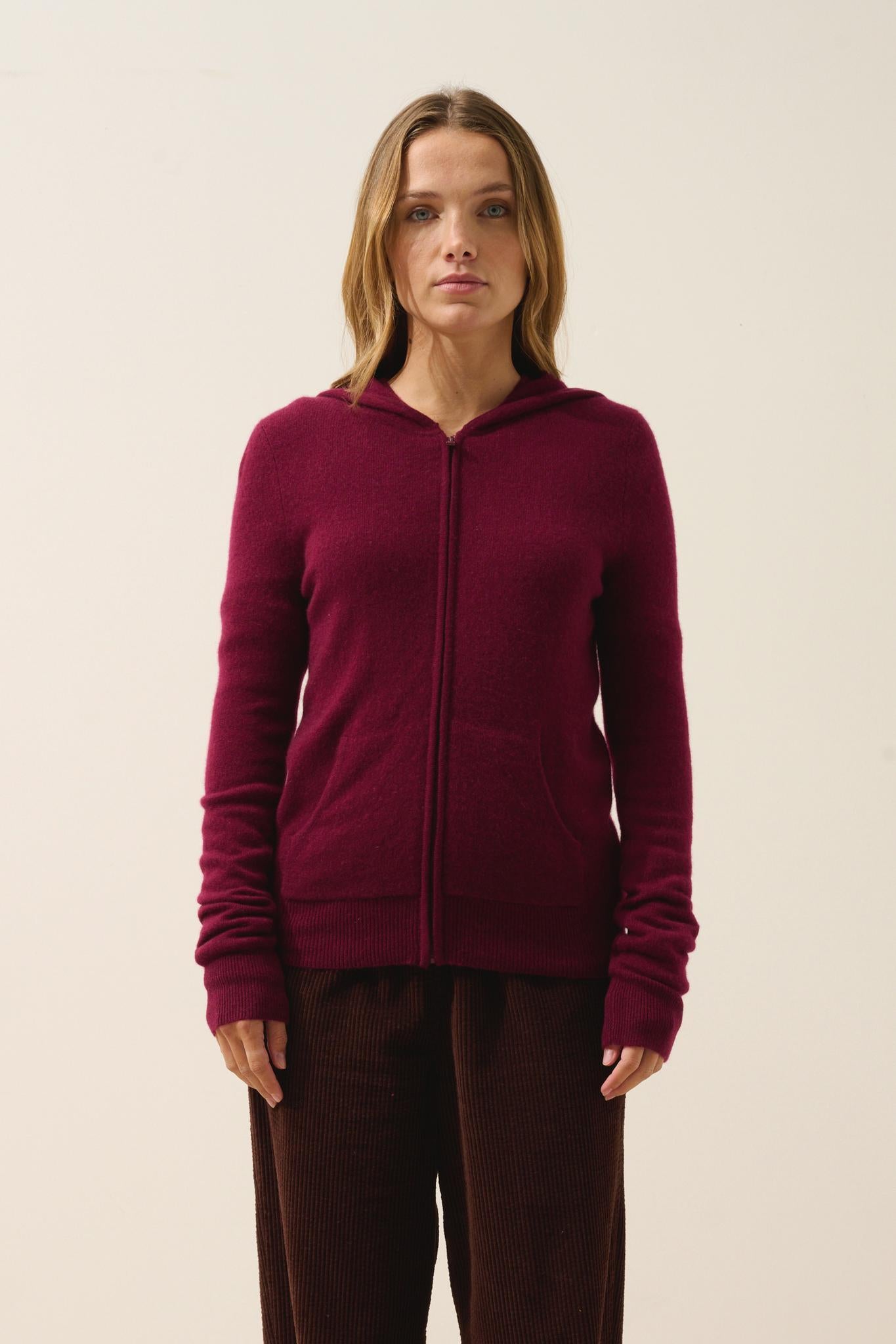 DEBBIE burgundy hooded zip-neck cardigan
